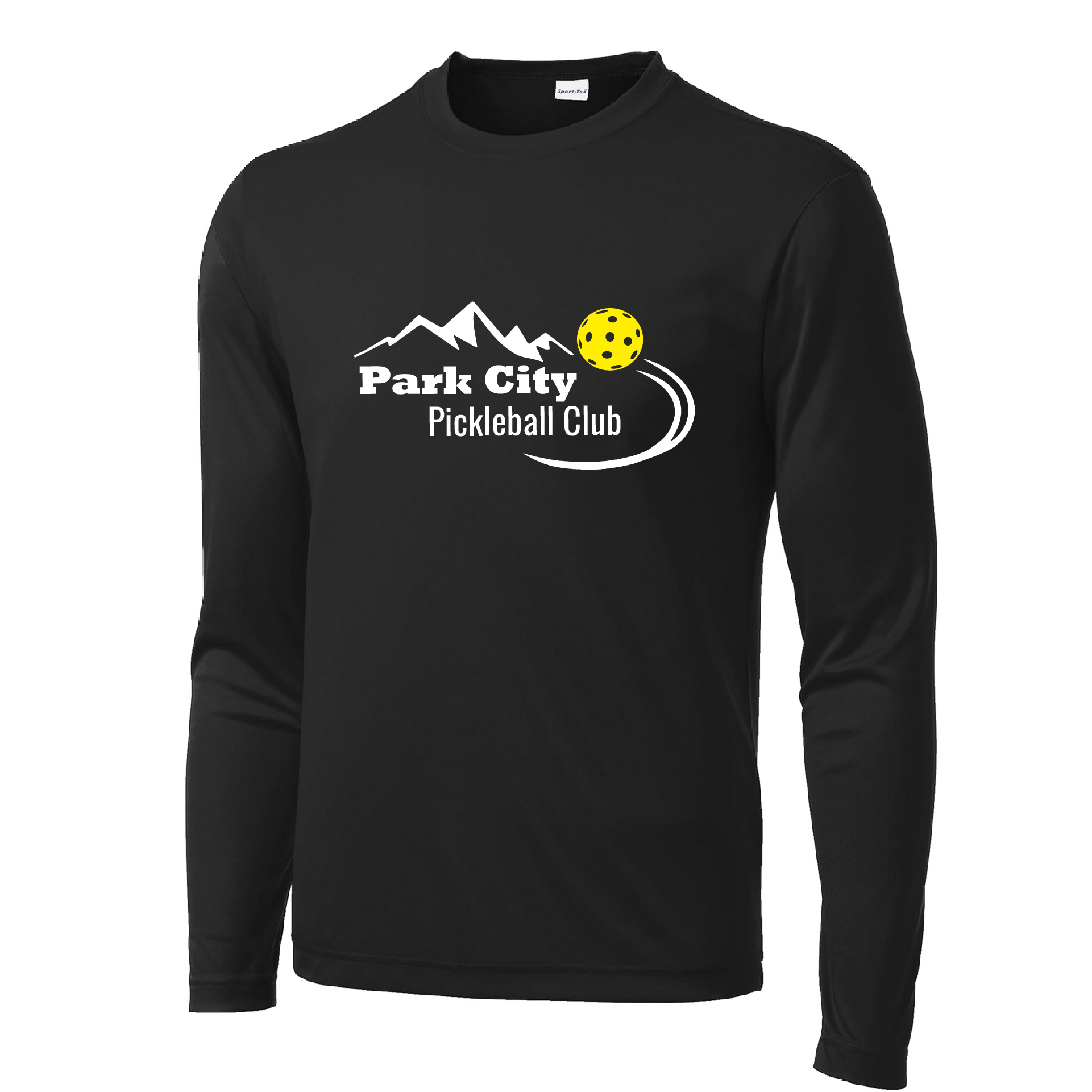 Pickleball Design: Park City Pickleball Club (white words)  Men's Style: Long Sleeve  Shirts are lightweight, roomy and highly breathable. These moisture-wicking shirts are designed for athletic performance. They feature PosiCharge technology to lock in color and prevent logos from fading. Removable tag and set-in sleeves for comfort.