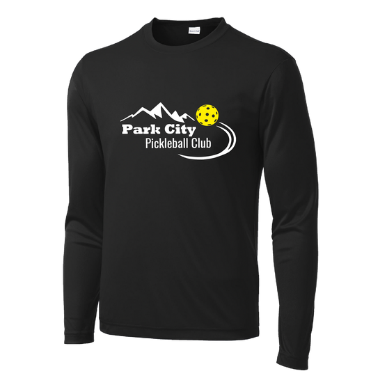 Pickleball Design: Park City Pickleball Club (white words)  Men's Style: Long Sleeve  Shirts are lightweight, roomy and highly breathable. These moisture-wicking shirts are designed for athletic performance. They feature PosiCharge technology to lock in color and prevent logos from fading. Removable tag and set-in sleeves for comfort.