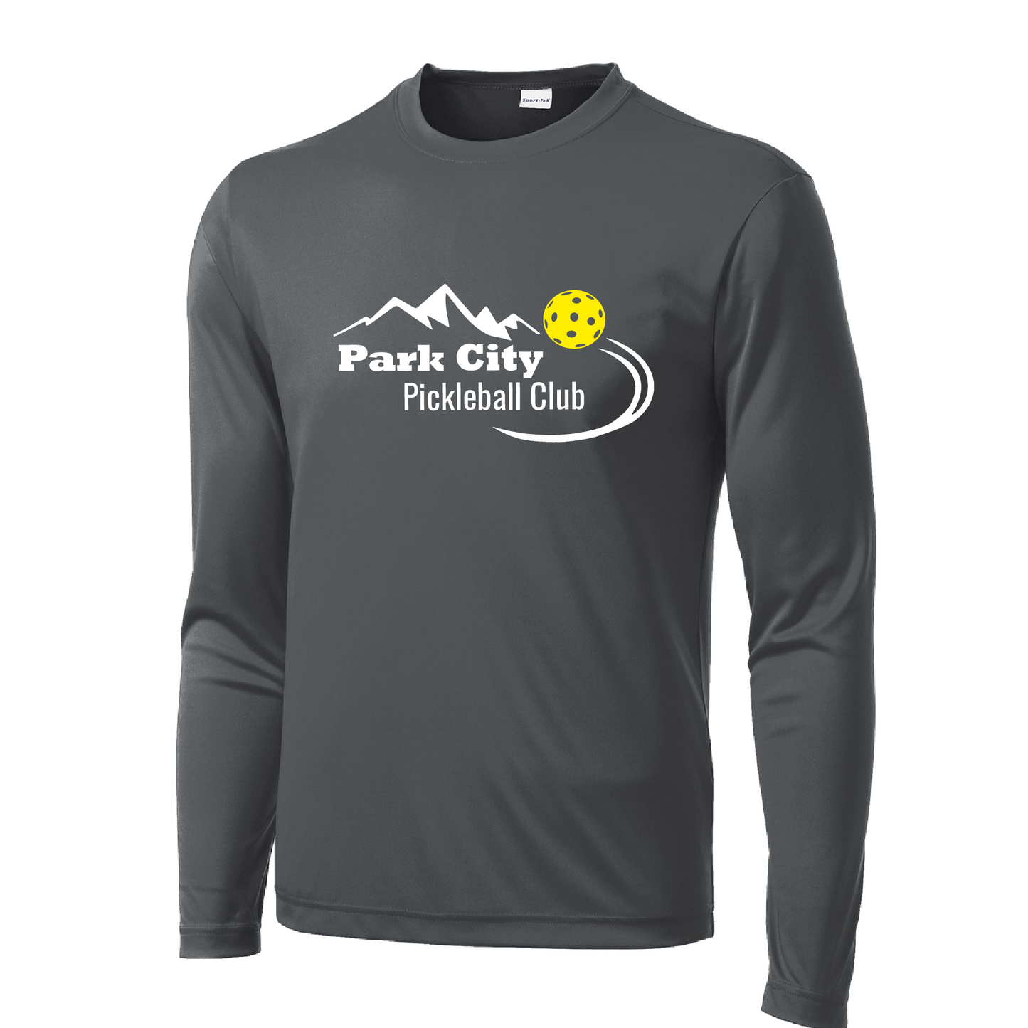 Pickleball Design: Park City Pickleball Club (white words)  Men's Style: Long Sleeve  Shirts are lightweight, roomy and highly breathable. These moisture-wicking shirts are designed for athletic performance. They feature PosiCharge technology to lock in color and prevent logos from fading. Removable tag and set-in sleeves for comfort.