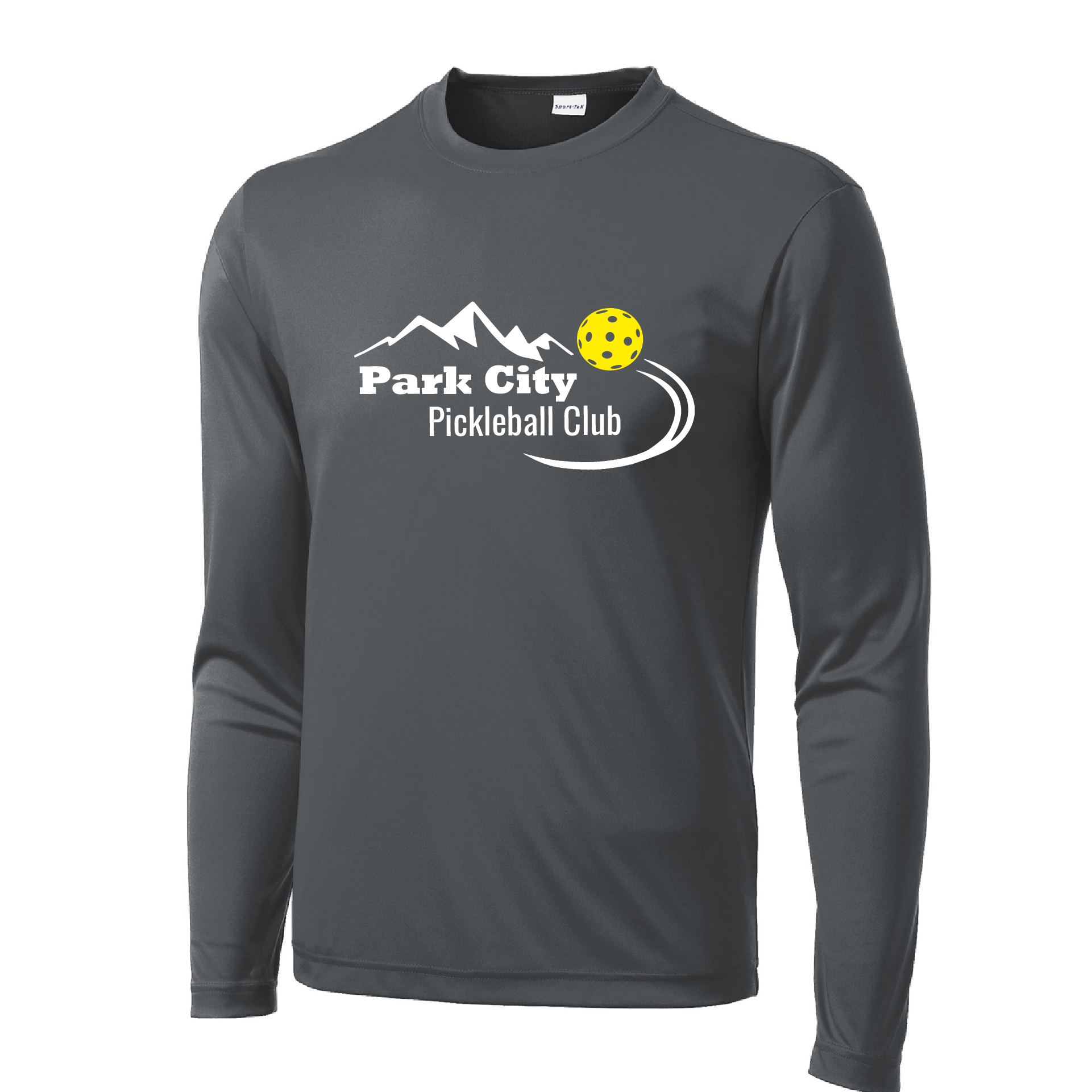 Pickleball Design: Park City Pickleball Club (white words)  Men's Style: Long Sleeve  Shirts are lightweight, roomy and highly breathable. These moisture-wicking shirts are designed for athletic performance. They feature PosiCharge technology to lock in color and prevent logos from fading. Removable tag and set-in sleeves for comfort.