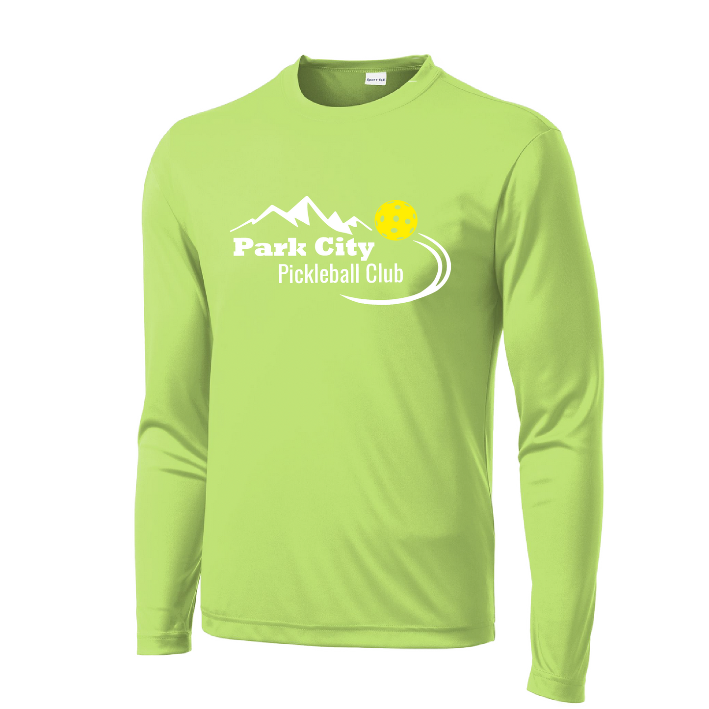 Pickleball Design: Park City Pickleball Club (white words)  Men's Style: Long Sleeve  Shirts are lightweight, roomy and highly breathable. These moisture-wicking shirts are designed for athletic performance. They feature PosiCharge technology to lock in color and prevent logos from fading. Removable tag and set-in sleeves for comfort.