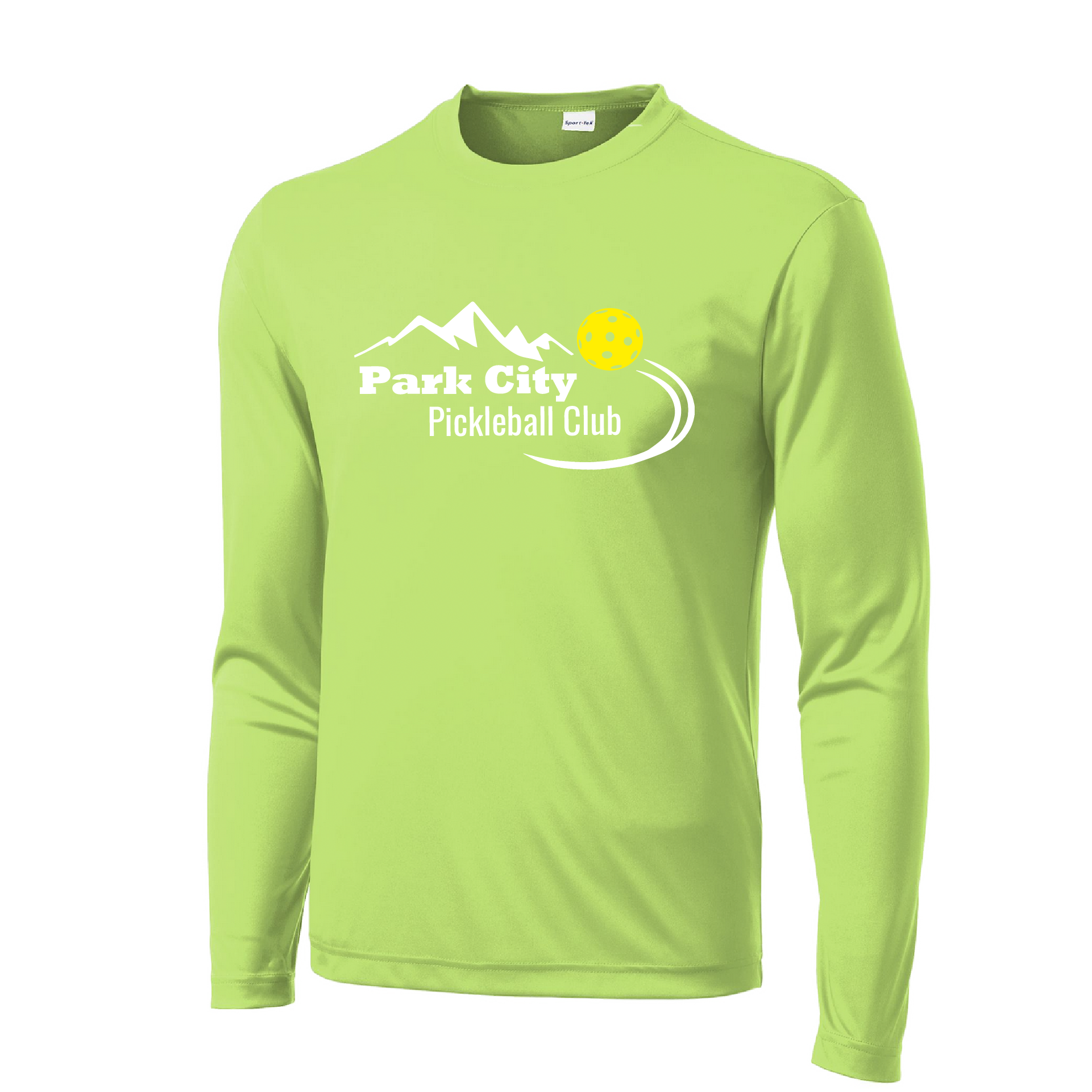 Pickleball Design: Park City Pickleball Club (white words)  Men's Style: Long Sleeve  Shirts are lightweight, roomy and highly breathable. These moisture-wicking shirts are designed for athletic performance. They feature PosiCharge technology to lock in color and prevent logos from fading. Removable tag and set-in sleeves for comfort.