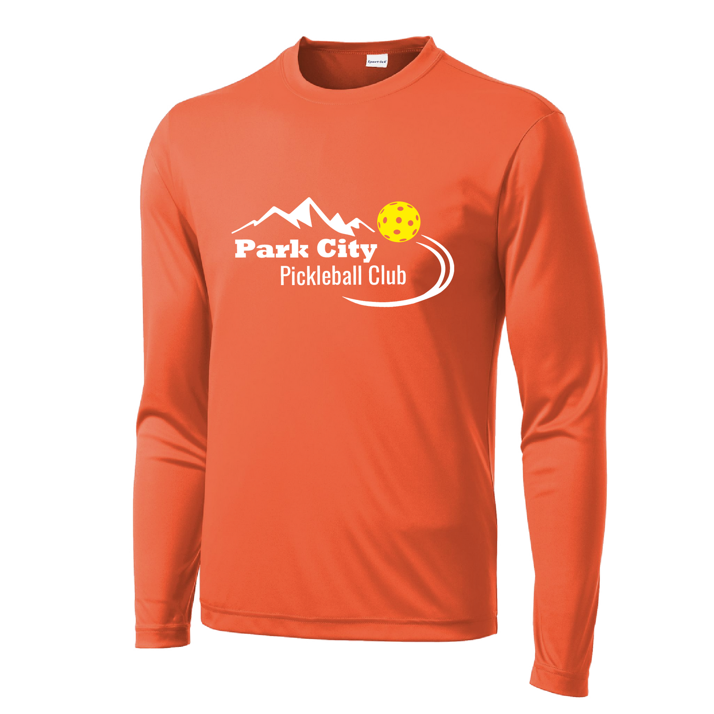 Pickleball Design: Park City Pickleball Club (white words)  Men's Style: Long Sleeve  Shirts are lightweight, roomy and highly breathable. These moisture-wicking shirts are designed for athletic performance. They feature PosiCharge technology to lock in color and prevent logos from fading. Removable tag and set-in sleeves for comfort.