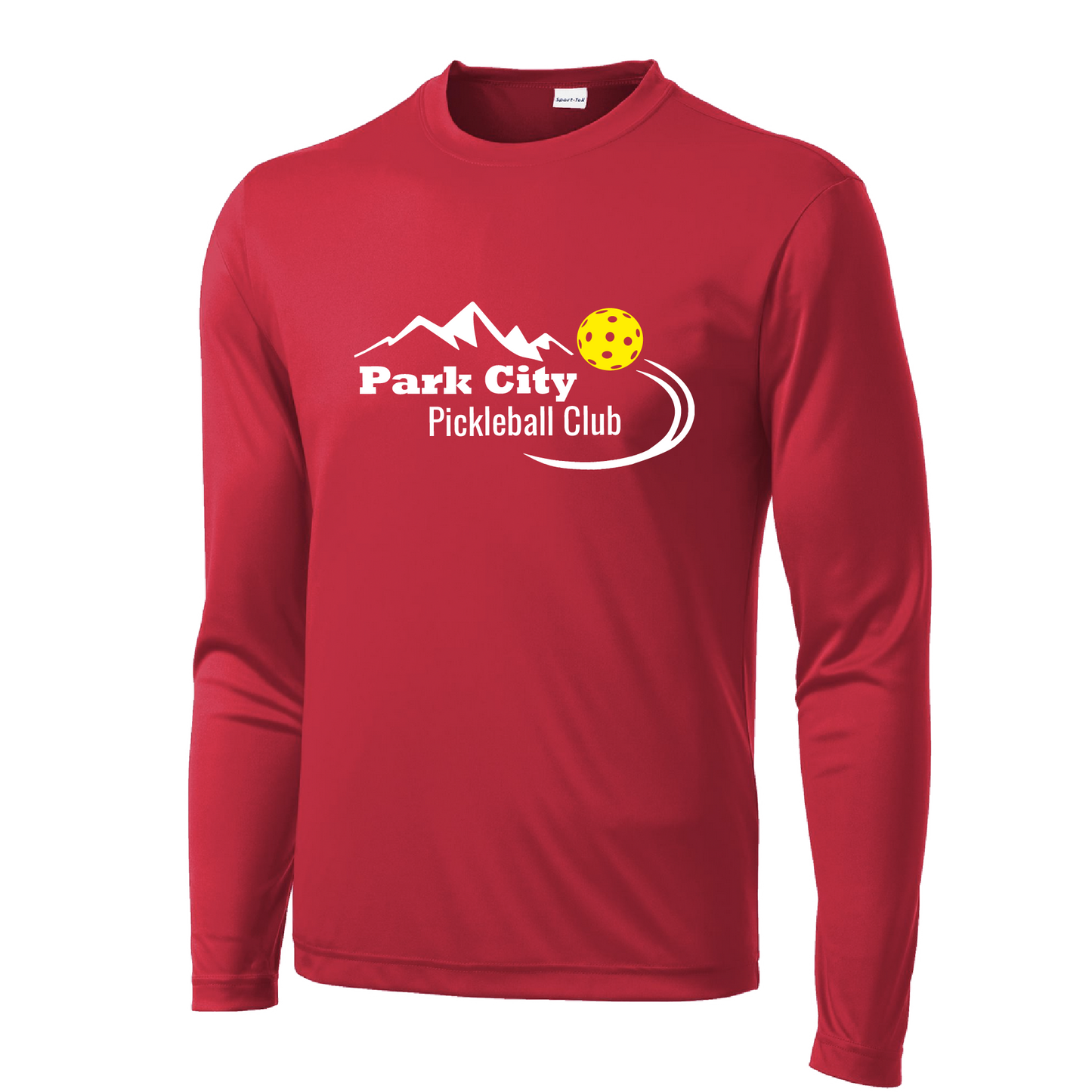 Pickleball Design: Park City Pickleball Club (white words)  Men's Style: Long Sleeve  Shirts are lightweight, roomy and highly breathable. These moisture-wicking shirts are designed for athletic performance. They feature PosiCharge technology to lock in color and prevent logos from fading. Removable tag and set-in sleeves for comfort.