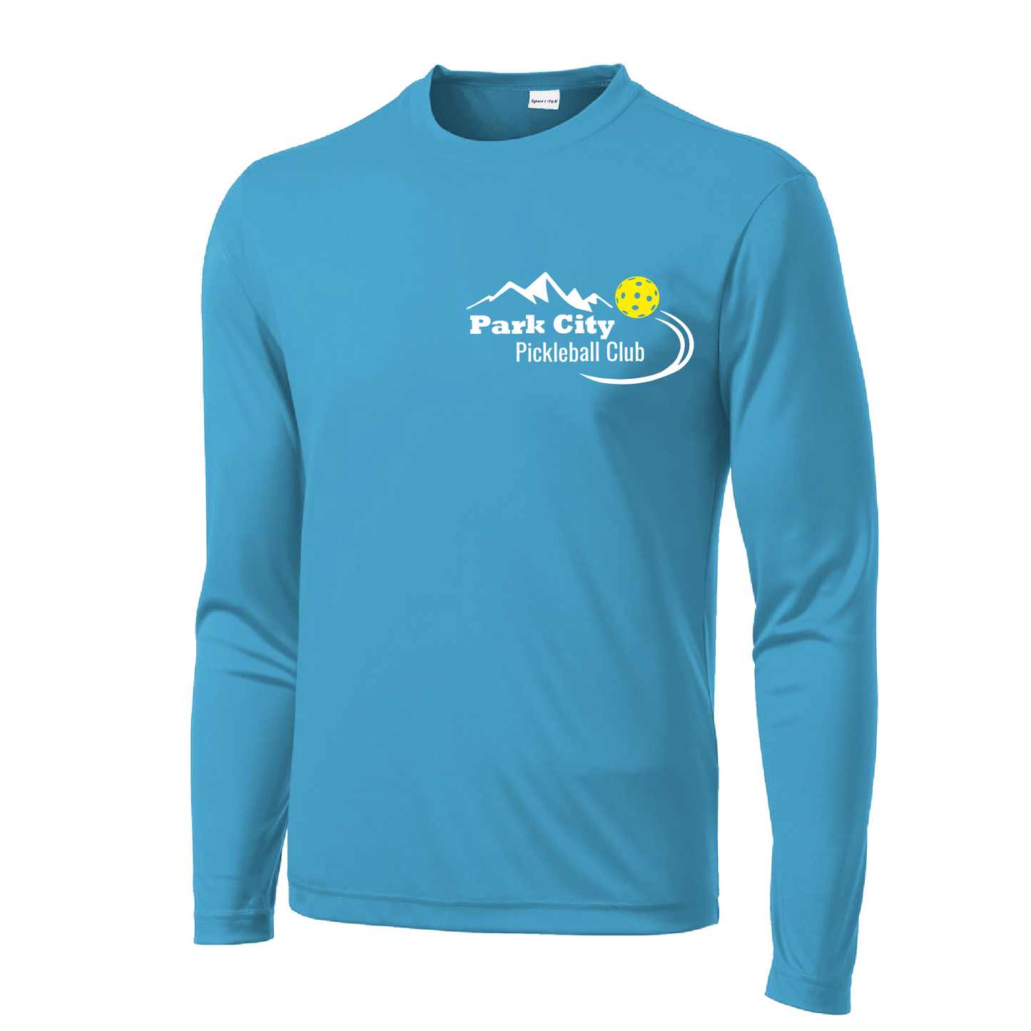 Pickleball Design: Park City Pickleball Club (white words)  Men's Style: Long Sleeve  Shirts are lightweight, roomy and highly breathable. These moisture-wicking shirts are designed for athletic performance. They feature PosiCharge technology to lock in color and prevent logos from fading. Removable tag and set-in sleeves for comfort.