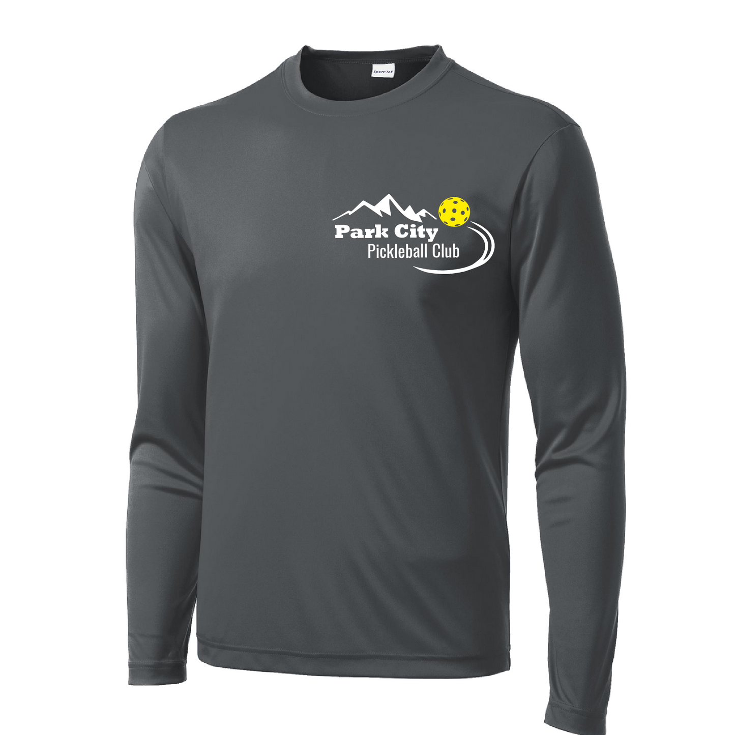 Pickleball Design: Park City Pickleball Club (white words)  Men's Style: Long Sleeve  Shirts are lightweight, roomy and highly breathable. These moisture-wicking shirts are designed for athletic performance. They feature PosiCharge technology to lock in color and prevent logos from fading. Removable tag and set-in sleeves for comfort.