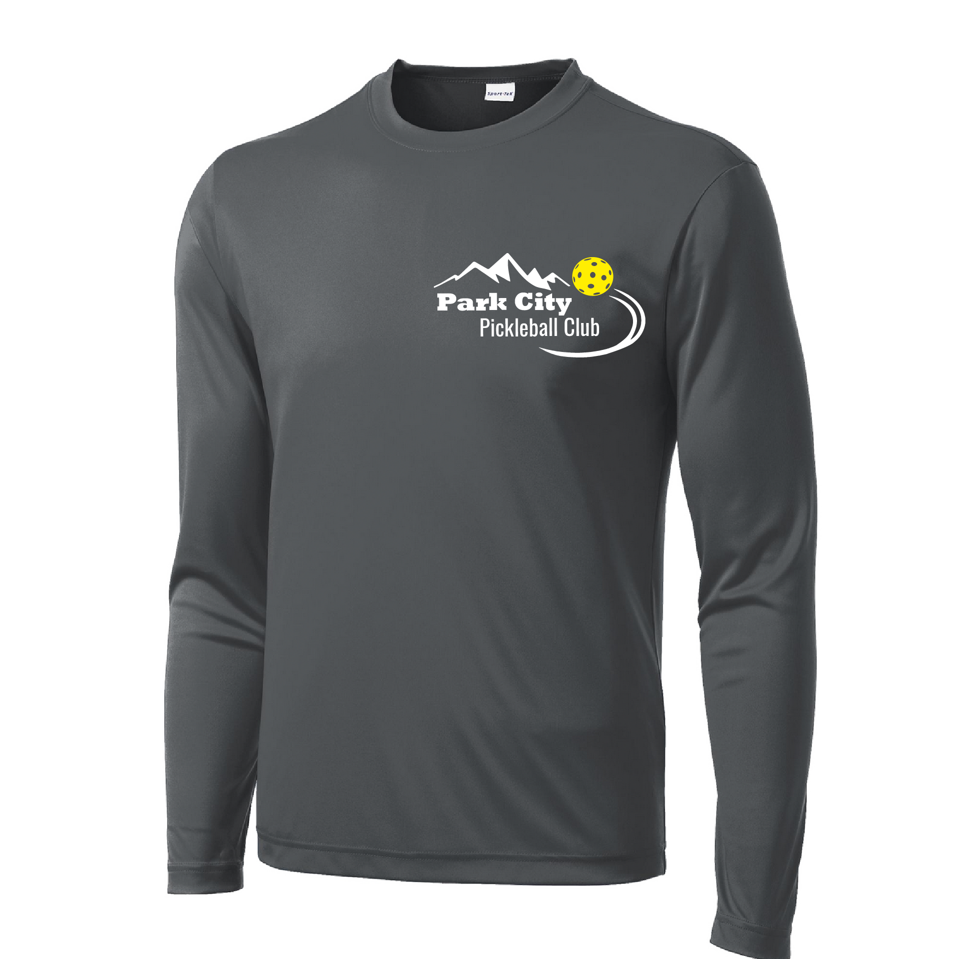 Pickleball Design: Park City Pickleball Club (white words)  Men's Style: Long Sleeve  Shirts are lightweight, roomy and highly breathable. These moisture-wicking shirts are designed for athletic performance. They feature PosiCharge technology to lock in color and prevent logos from fading. Removable tag and set-in sleeves for comfort.