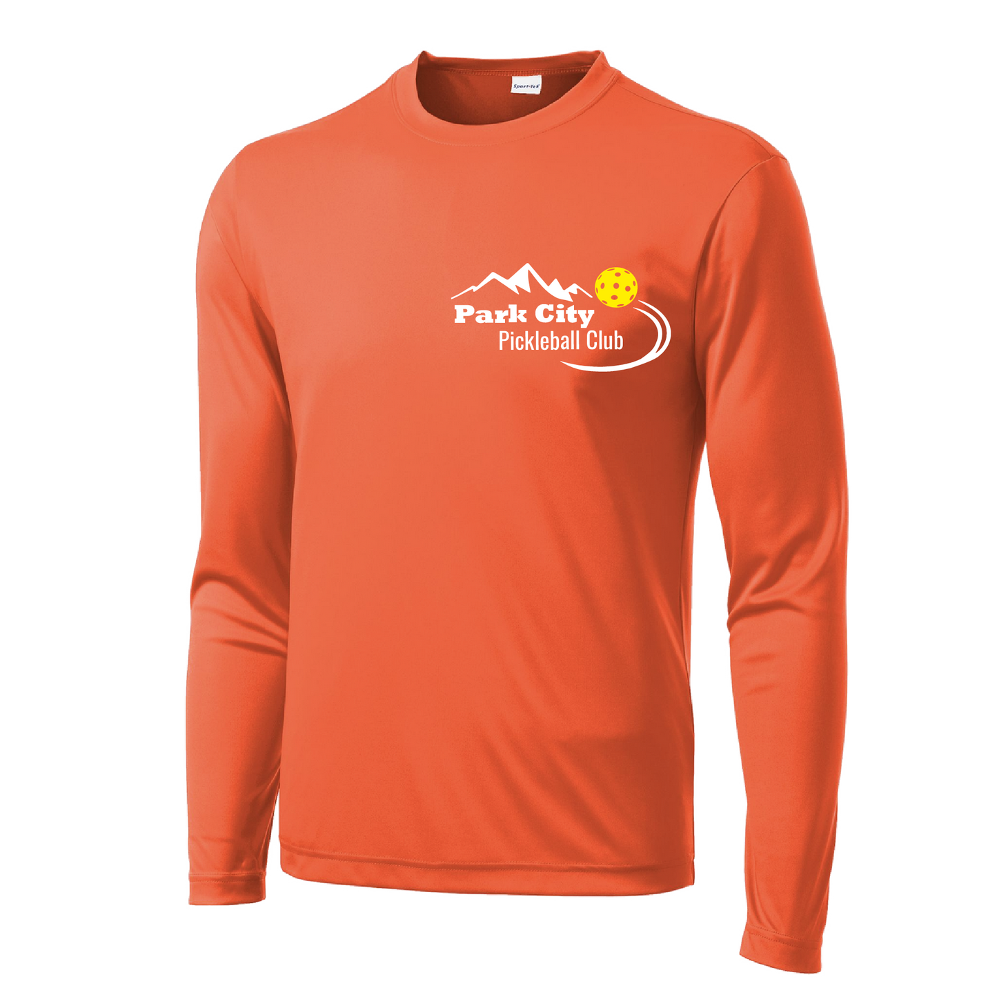 Pickleball Design: Park City Pickleball Club (white words)  Men's Style: Long Sleeve  Shirts are lightweight, roomy and highly breathable. These moisture-wicking shirts are designed for athletic performance. They feature PosiCharge technology to lock in color and prevent logos from fading. Removable tag and set-in sleeves for comfort.