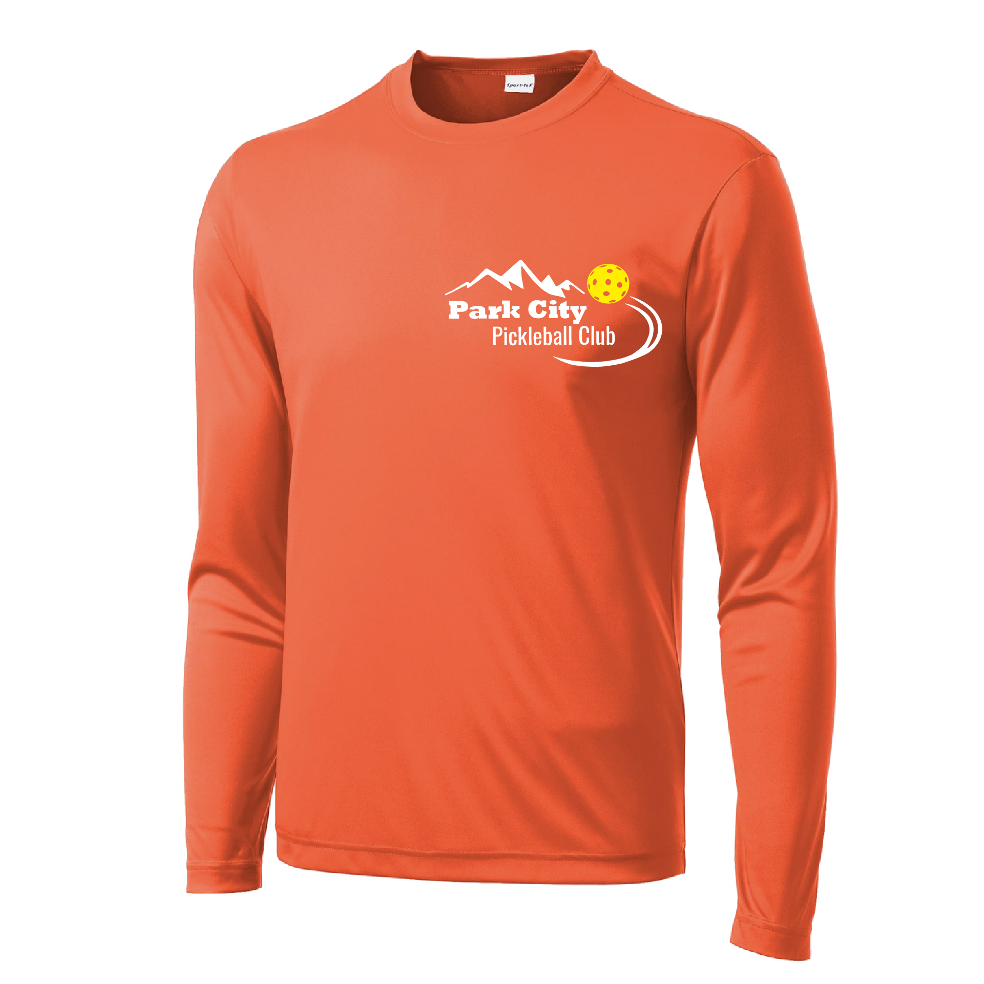 Pickleball Design: Park City Pickleball Club (white words)  Men's Style: Long Sleeve  Shirts are lightweight, roomy and highly breathable. These moisture-wicking shirts are designed for athletic performance. They feature PosiCharge technology to lock in color and prevent logos from fading. Removable tag and set-in sleeves for comfort.