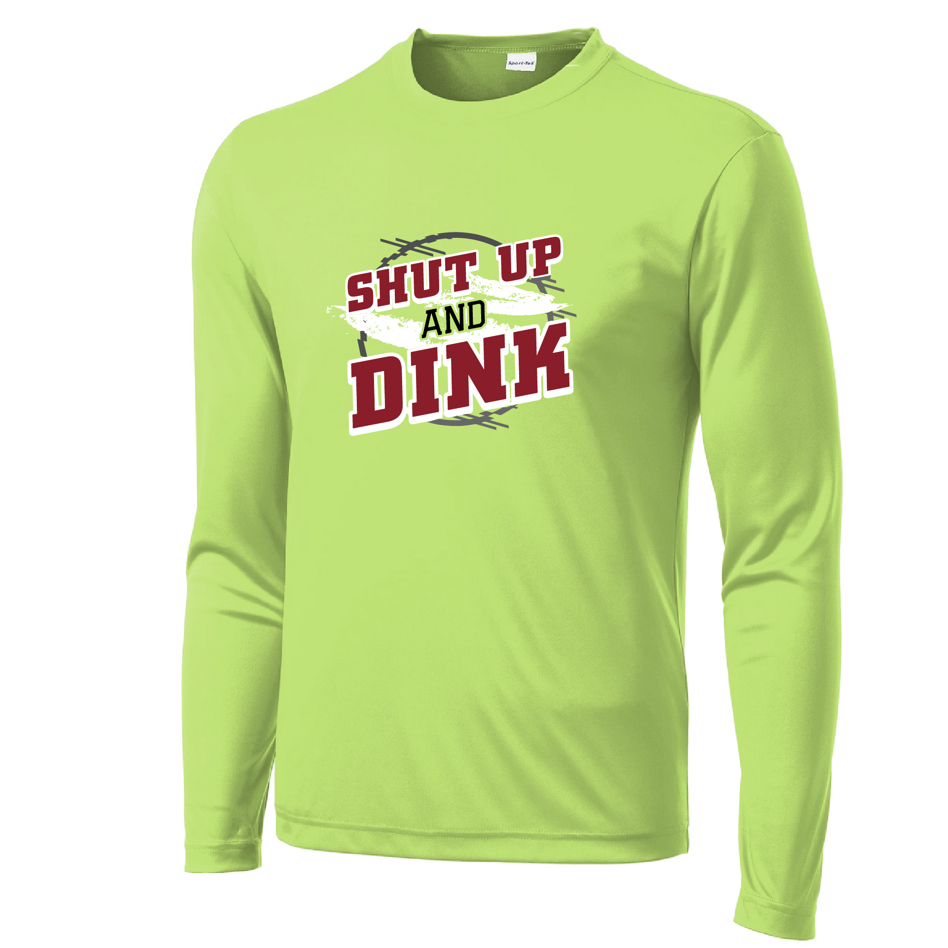 Pickleball Design: Shut up and Dink  Men's Styles: Long-Sleeve  Shirts are lightweight, roomy and highly breathable. These moisture-wicking shirts are designed for athletic performance. They feature PosiCharge technology to lock in color and prevent logos from fading. Removable tag and set-in sleeves for comfort.