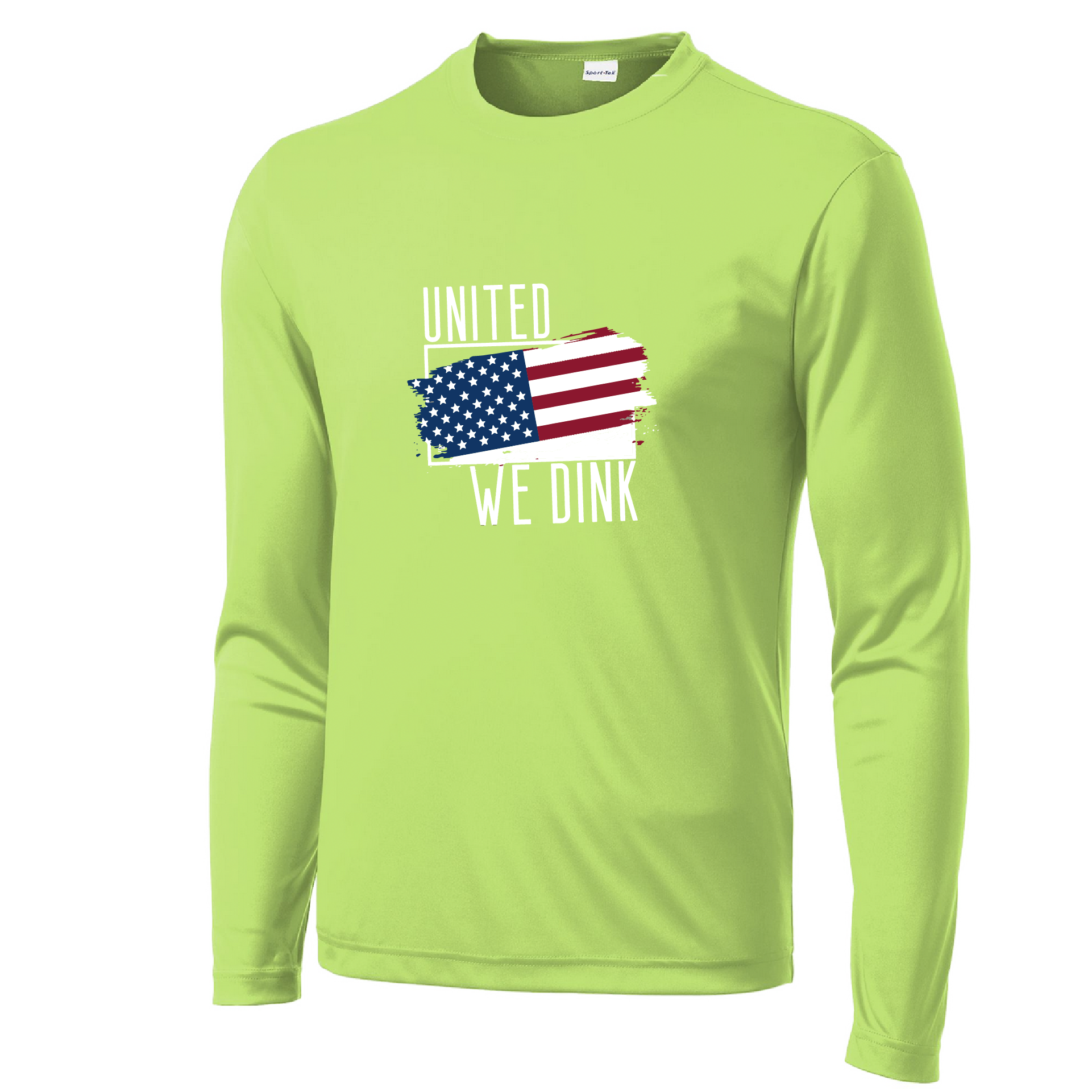 Pickleball Design: United We Dink  Men's Styles: Long-Sleeve  Shirts are lightweight, roomy and highly breathable. These moisture-wicking shirts are designed for athletic performance. They feature PosiCharge technology to lock in color and prevent logos from fading. Removable tag and set-in sleeves for comfort.