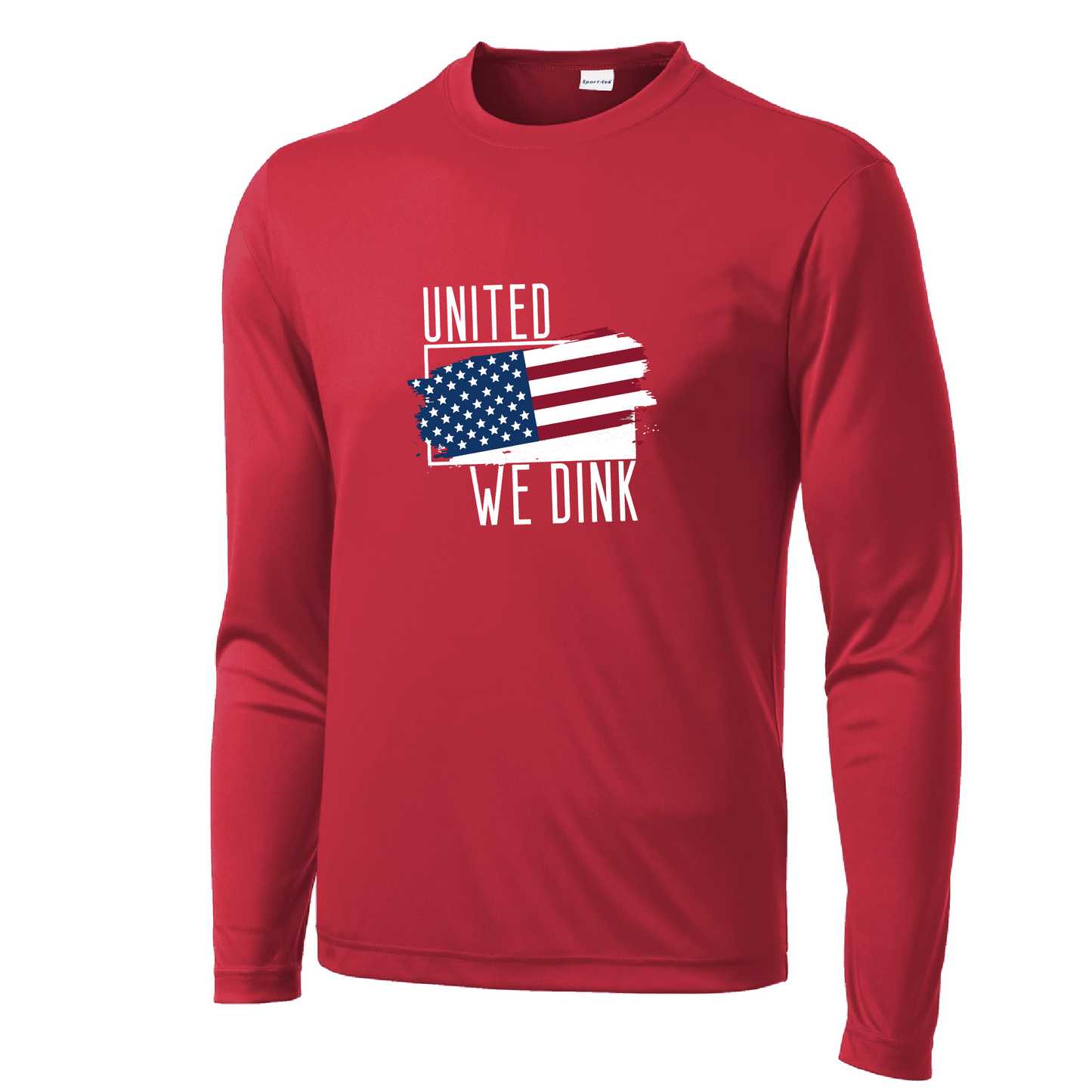 Pickleball Design: United We Dink  Men's Styles: Long-Sleeve  Shirts are lightweight, roomy and highly breathable. These moisture-wicking shirts are designed for athletic performance. They feature PosiCharge technology to lock in color and prevent logos from fading. Removable tag and set-in sleeves for comfort.