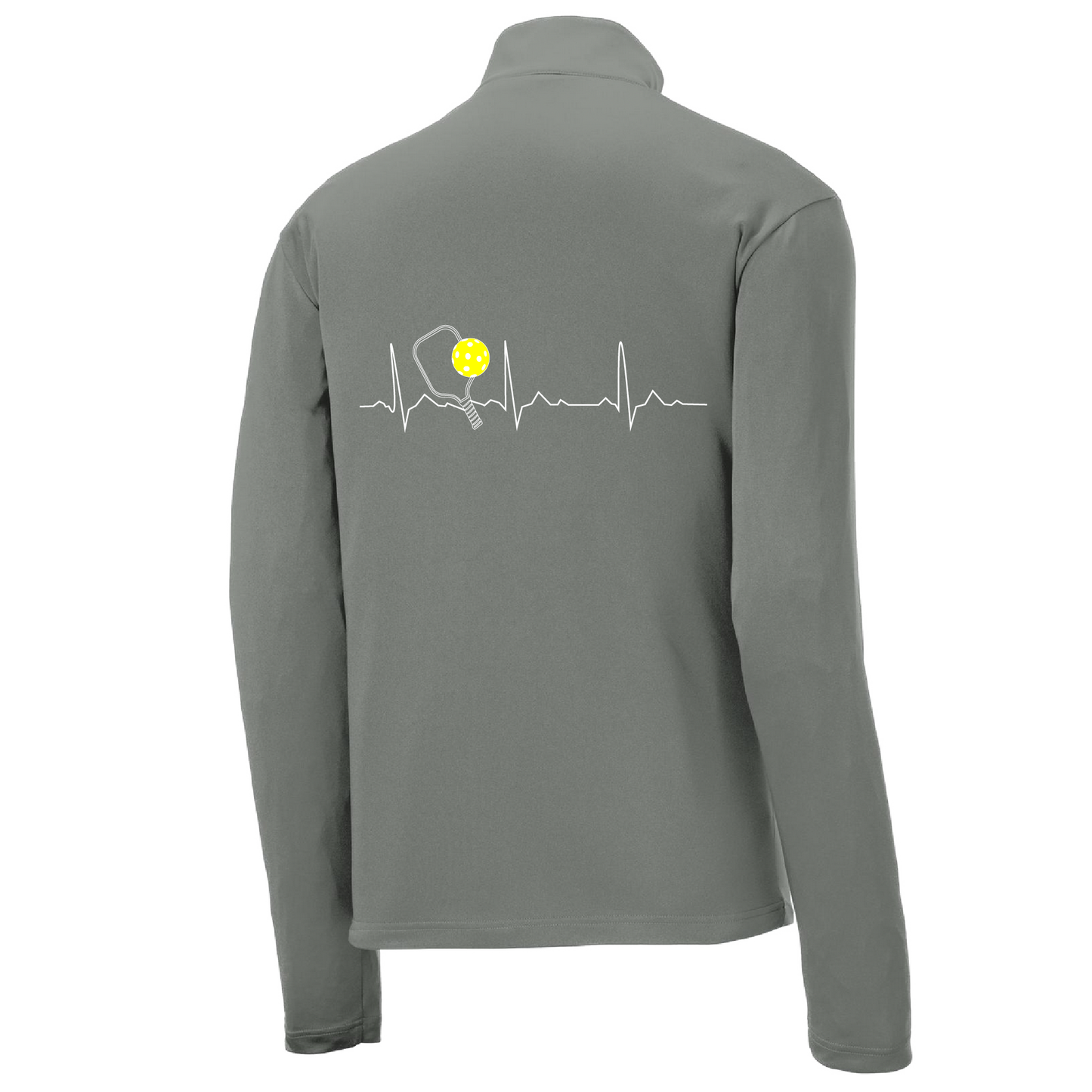 Pickleball Design: Pickleball Heartbeat Customizable location  Men's 1/4-Zip Pullover  Turn up the volume in this Men's shirt with its perfect mix of softness and attitude. Material is ultra-comfortable with moisture wicking properties and tri-blend softness. PosiCharge technology locks in color. Highly breathable and lightweight. Versatile enough for wearing year-round.