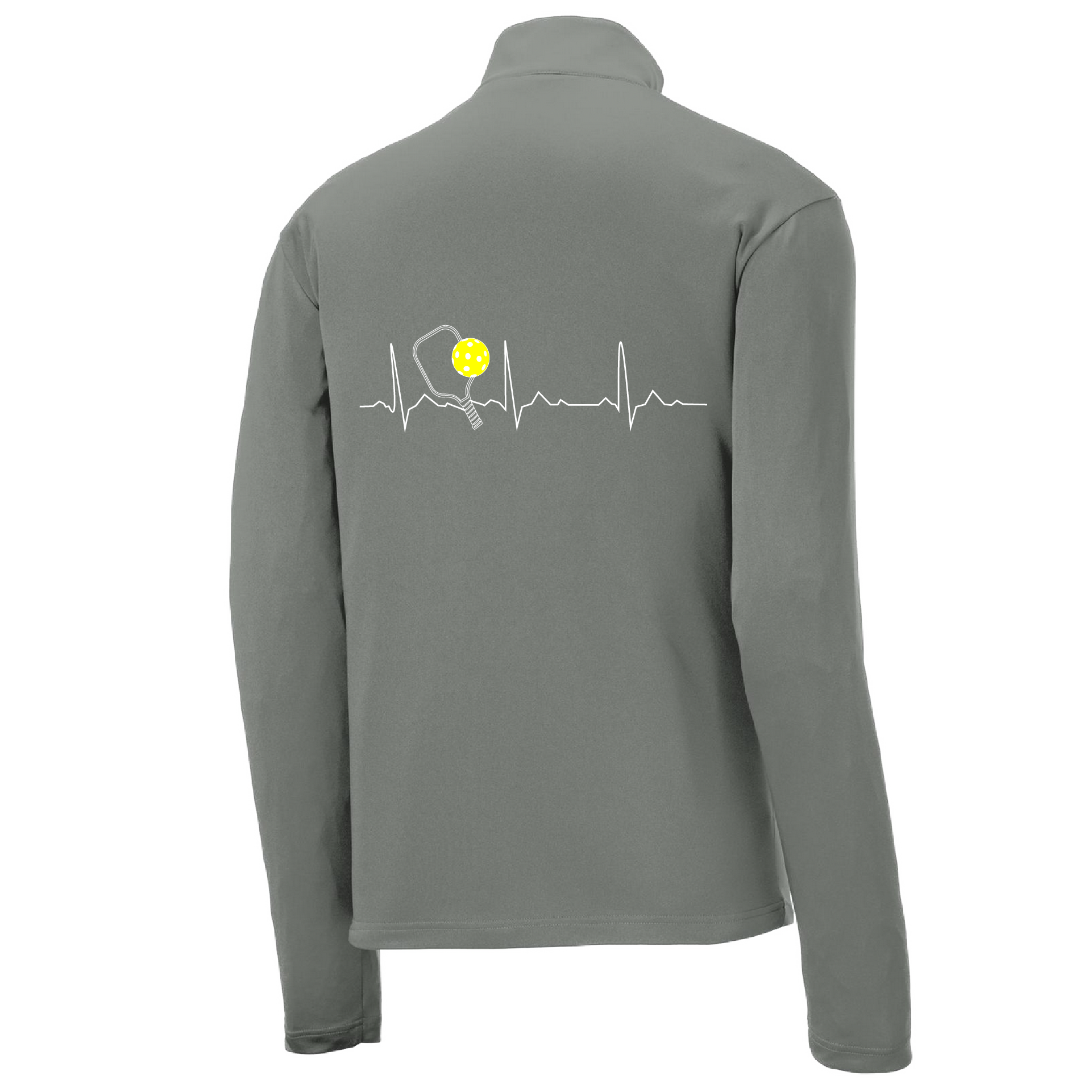 Pickleball Design: Pickleball Heartbeat Customizable location  Men's 1/4-Zip Pullover  Turn up the volume in this Men's shirt with its perfect mix of softness and attitude. Material is ultra-comfortable with moisture wicking properties and tri-blend softness. PosiCharge technology locks in color. Highly breathable and lightweight. Versatile enough for wearing year-round.