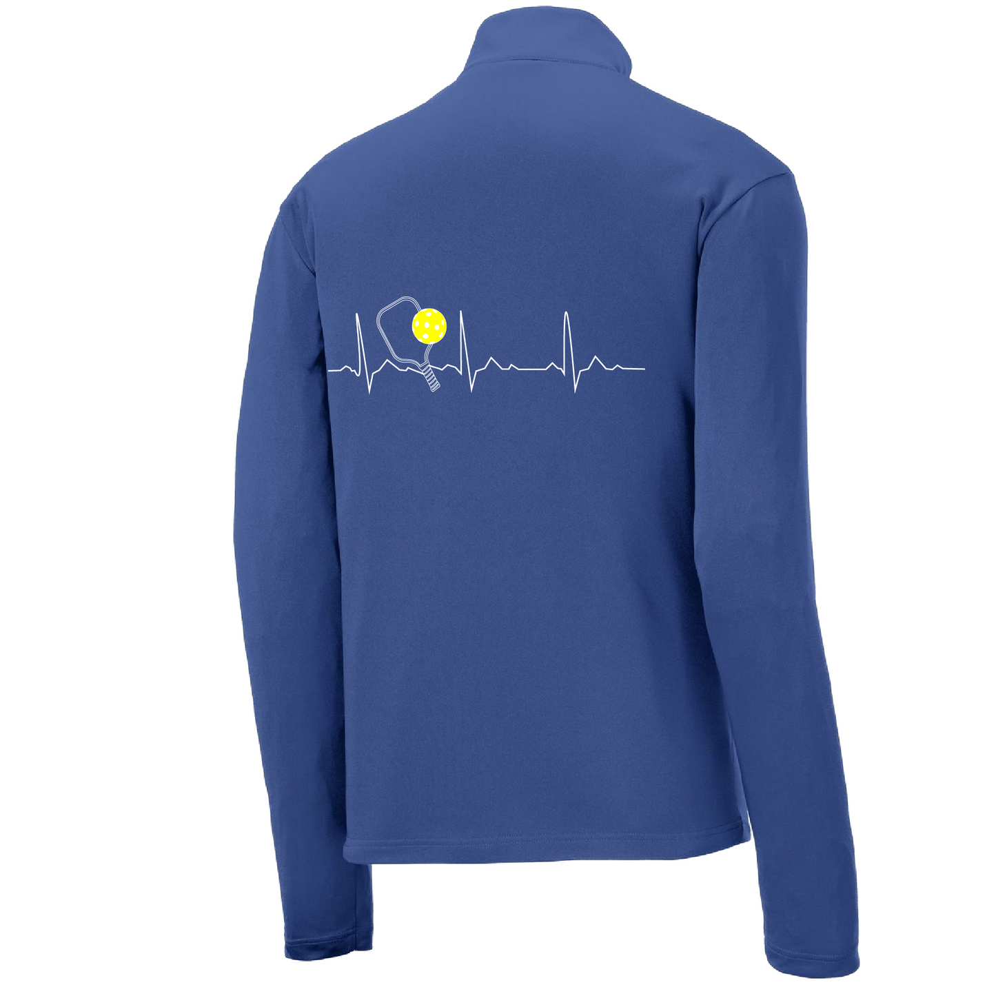 Pickleball Design: Pickleball Heartbeat Customizable location  Men's 1/4-Zip Pullover  Turn up the volume in this Men's shirt with its perfect mix of softness and attitude. Material is ultra-comfortable with moisture wicking properties and tri-blend softness. PosiCharge technology locks in color. Highly breathable and lightweight. Versatile enough for wearing year-round.