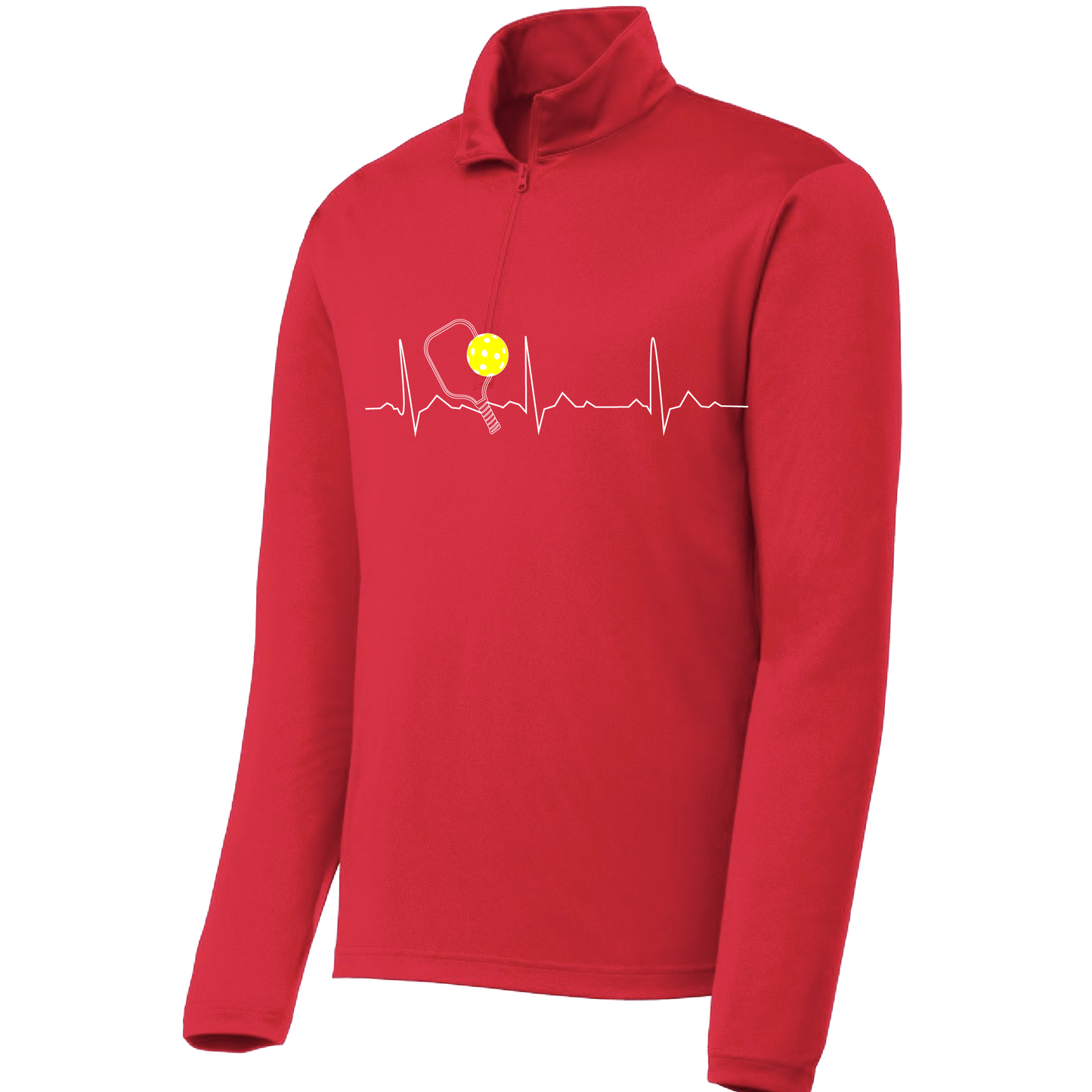 Pickleball Design: Pickleball Heartbeat Customizable location  Men's 1/4-Zip Pullover  Turn up the volume in this Men's shirt with its perfect mix of softness and attitude. Material is ultra-comfortable with moisture wicking properties and tri-blend softness. PosiCharge technology locks in color. Highly breathable and lightweight. Versatile enough for wearing year-round.