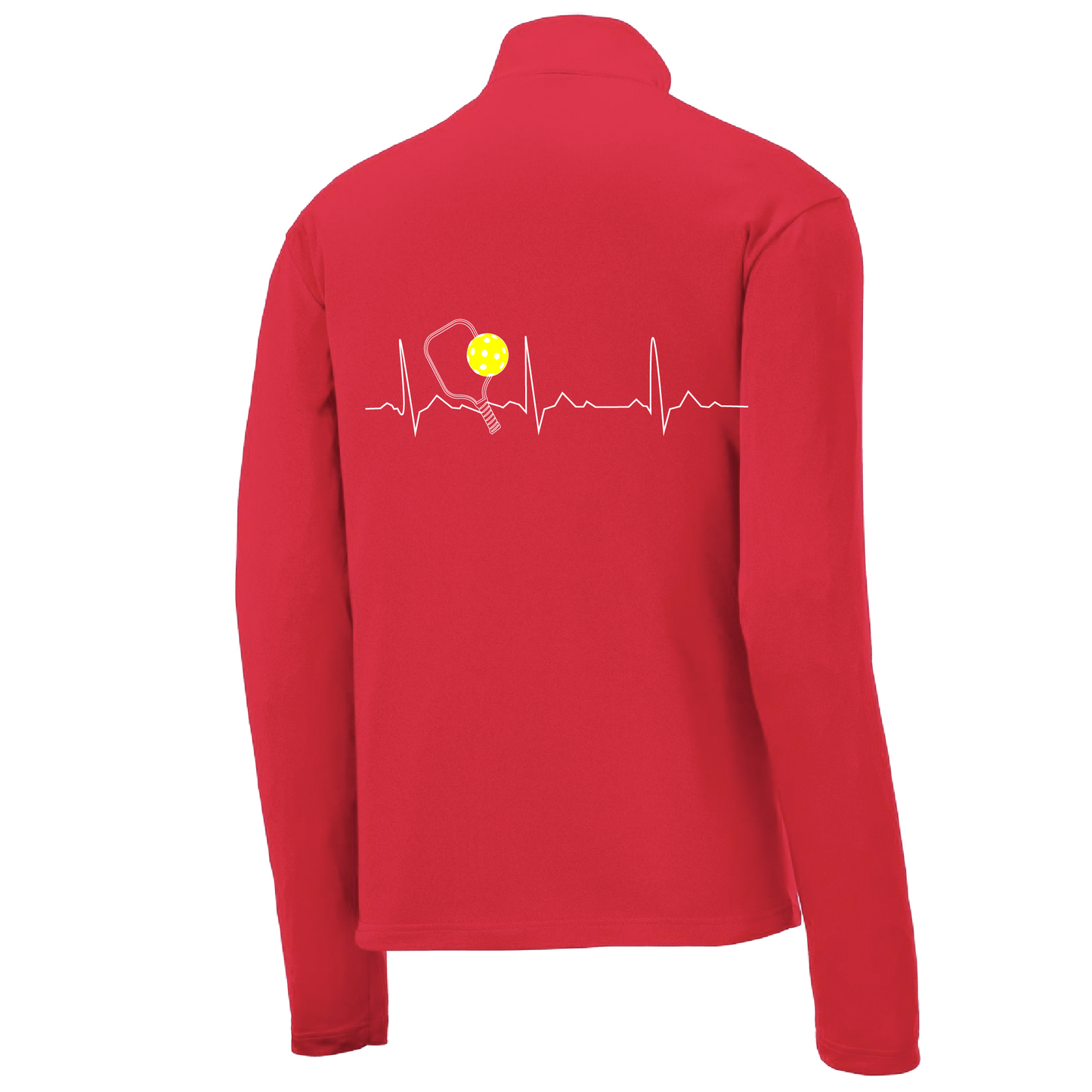 Pickleball Design: Pickleball Heartbeat Customizable location  Men's 1/4-Zip Pullover  Turn up the volume in this Men's shirt with its perfect mix of softness and attitude. Material is ultra-comfortable with moisture wicking properties and tri-blend softness. PosiCharge technology locks in color. Highly breathable and lightweight. Versatile enough for wearing year-round.