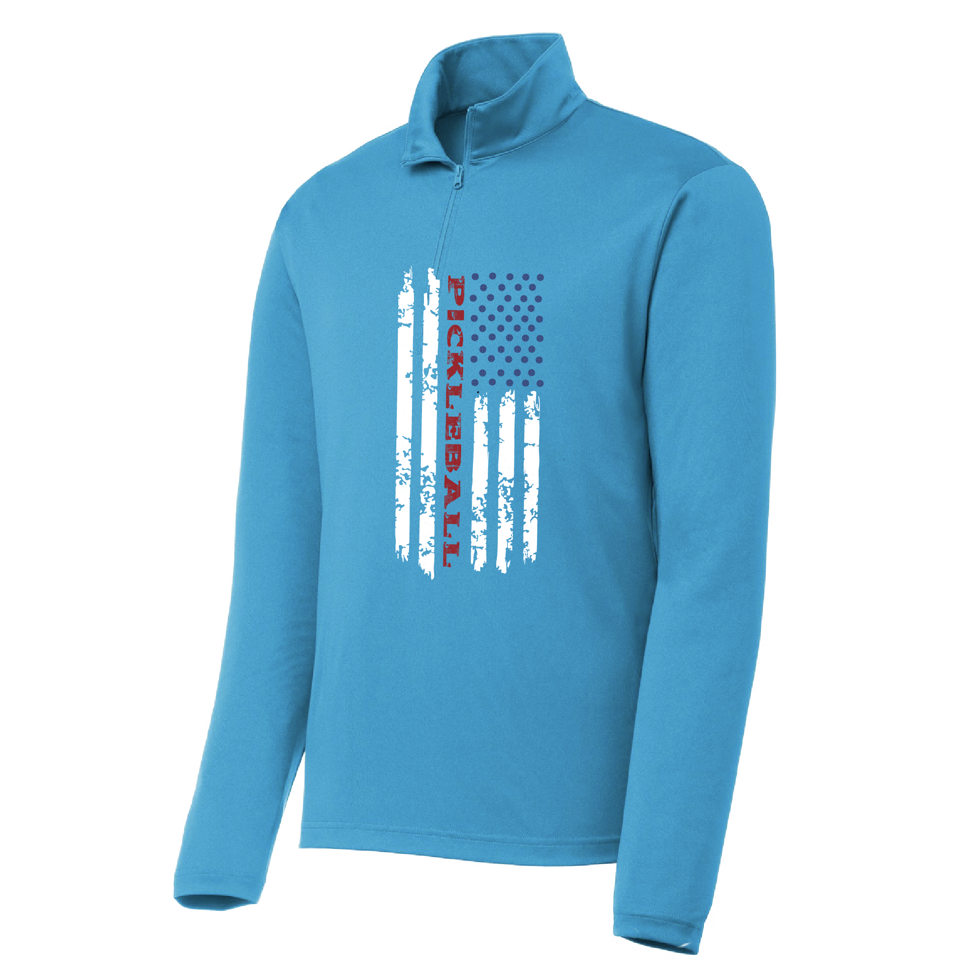 Pickleball Design: Pickleball Flag Vertical  Men's 1/4-Zip Pullover  Turn up the volume in this Men's shirt with its perfect mix of softness and attitude. Material is ultra-comfortable with moisture wicking properties and tri-blend softness. PosiCharge technology locks in color. Highly breathable and lightweight. Versatile enough for wearing year-round.