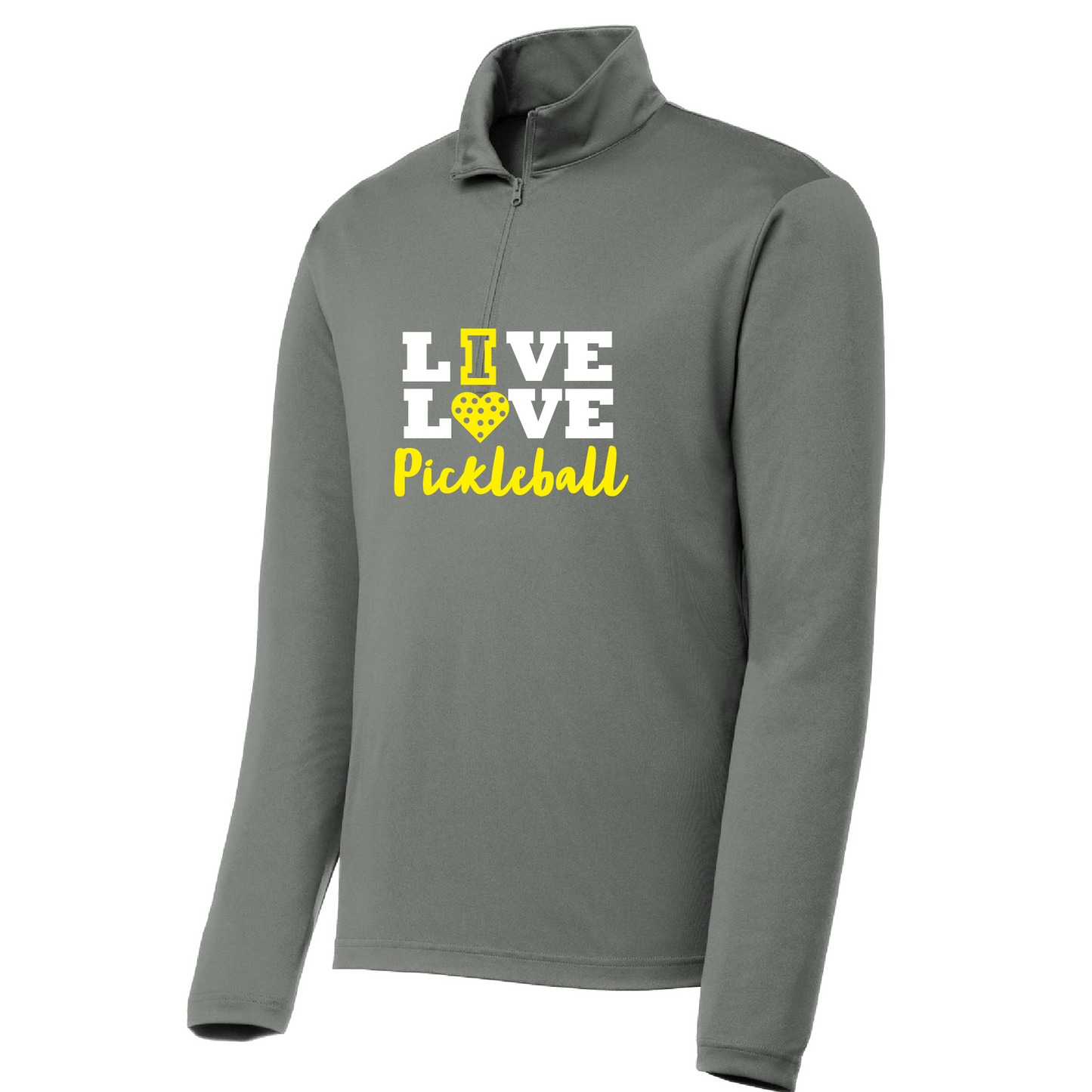 Pickleball Design: Live Love Pickleball  Men's 1/4-Zip Pullover  Turn up the volume in this Men's shirt with its perfect mix of softness and attitude. Material is ultra-comfortable with moisture wicking properties and tri-blend softness. PosiCharge technology locks in color. Highly breathable and lightweight. Versatile enough for wearing year-round.