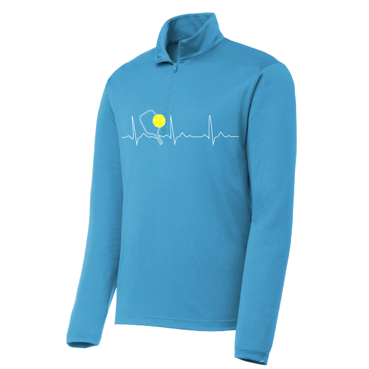 Pickleball Design: Pickleball Heartbeat Customizable location  Men's 1/4-Zip Pullover  Turn up the volume in this Men's shirt with its perfect mix of softness and attitude. Material is ultra-comfortable with moisture wicking properties and tri-blend softness. PosiCharge technology locks in color. Highly breathable and lightweight. Versatile enough for wearing year-round.