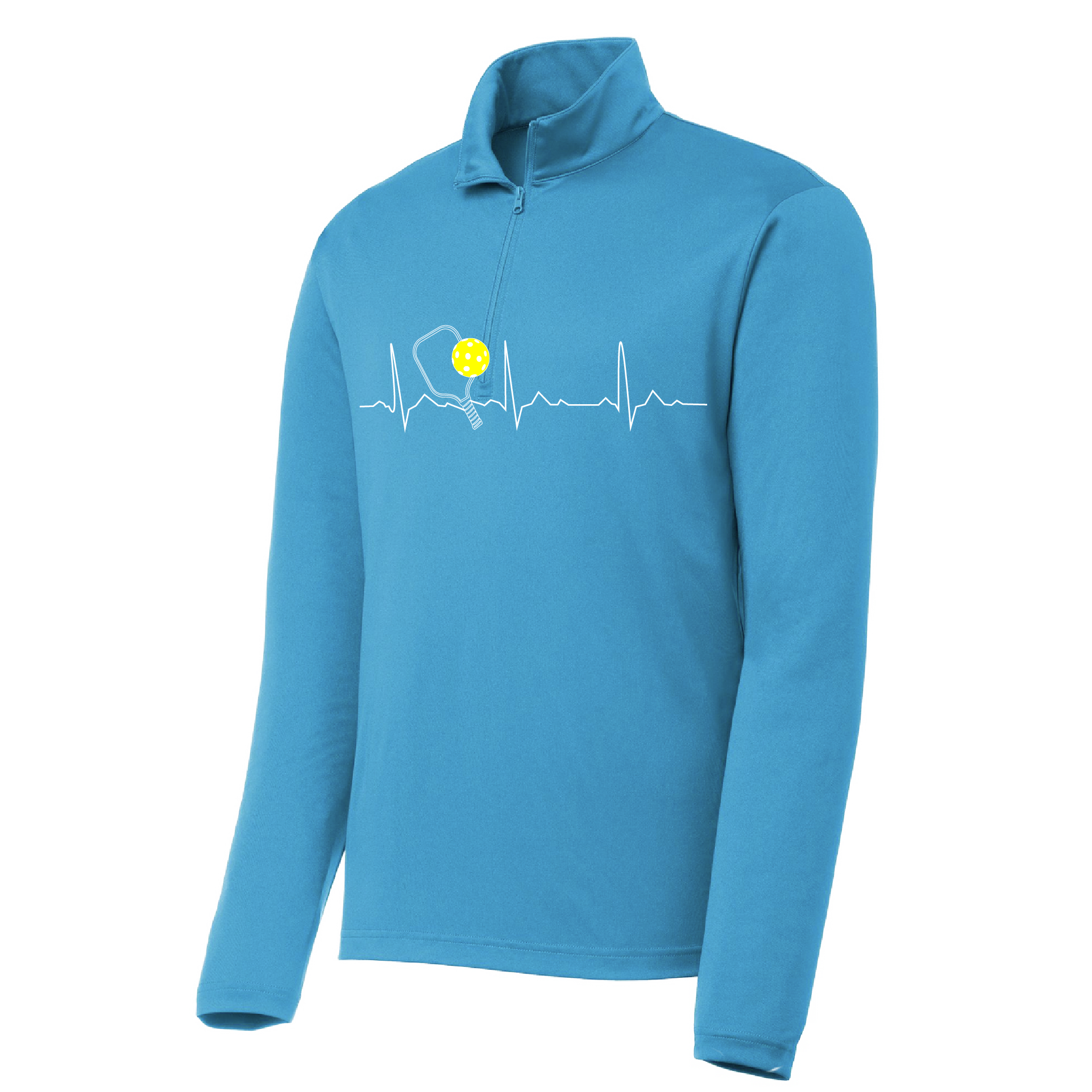 Pickleball Design: Pickleball Heartbeat Customizable location  Men's 1/4-Zip Pullover  Turn up the volume in this Men's shirt with its perfect mix of softness and attitude. Material is ultra-comfortable with moisture wicking properties and tri-blend softness. PosiCharge technology locks in color. Highly breathable and lightweight. Versatile enough for wearing year-round.