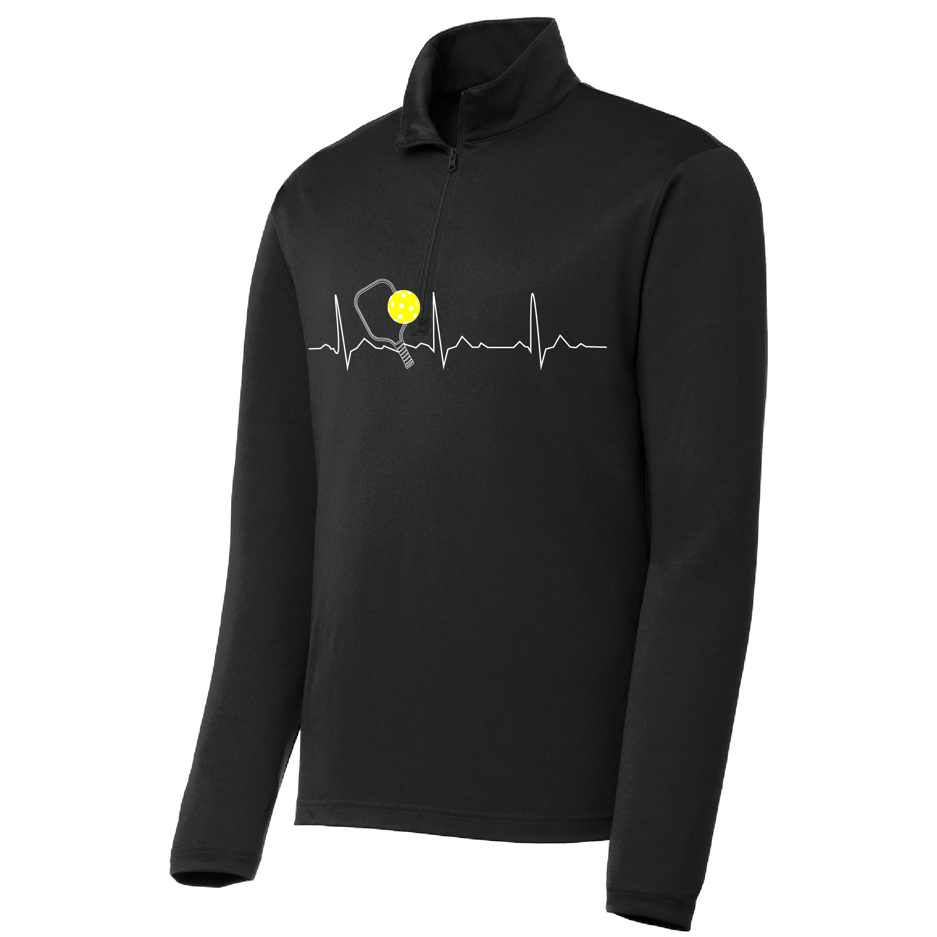 Pickleball Design: Pickleball Heartbeat Customizable location  Men's 1/4-Zip Pullover  Turn up the volume in this Men's shirt with its perfect mix of softness and attitude. Material is ultra-comfortable with moisture wicking properties and tri-blend softness. PosiCharge technology locks in color. Highly breathable and lightweight. Versatile enough for wearing year-round.