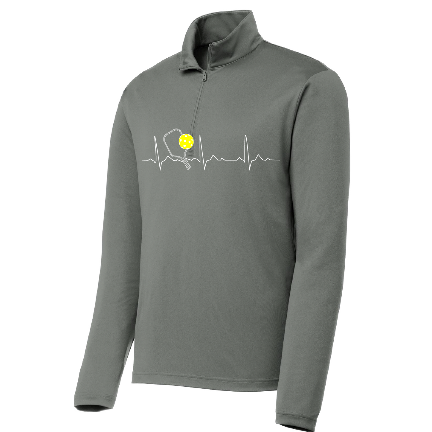 Pickleball Design: Pickleball Heartbeat Customizable location  Men's 1/4-Zip Pullover  Turn up the volume in this Men's shirt with its perfect mix of softness and attitude. Material is ultra-comfortable with moisture wicking properties and tri-blend softness. PosiCharge technology locks in color. Highly breathable and lightweight. Versatile enough for wearing year-round.