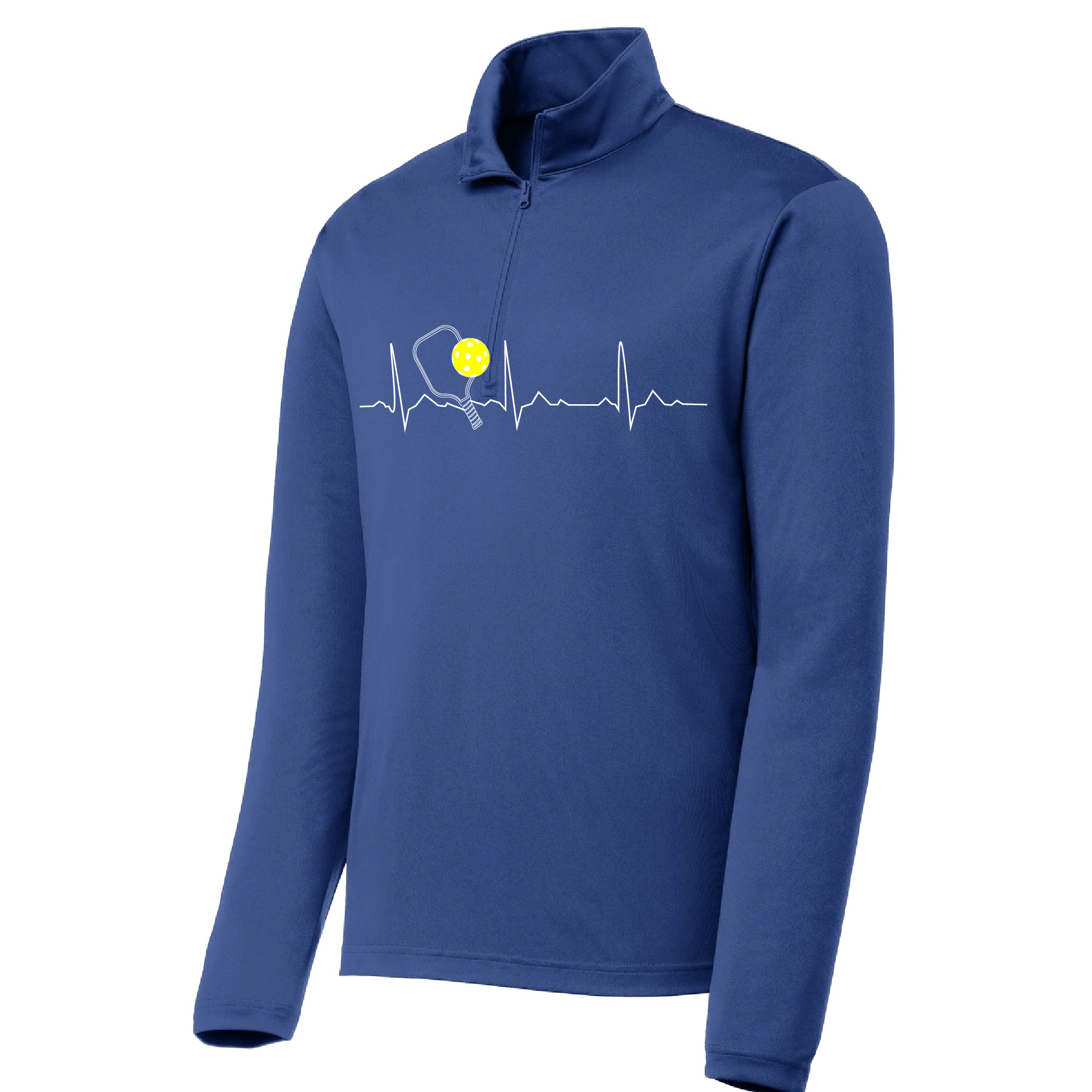 Pickleball Design: Pickleball Heartbeat Customizable location  Men's 1/4-Zip Pullover  Turn up the volume in this Men's shirt with its perfect mix of softness and attitude. Material is ultra-comfortable with moisture wicking properties and tri-blend softness. PosiCharge technology locks in color. Highly breathable and lightweight. Versatile enough for wearing year-round.