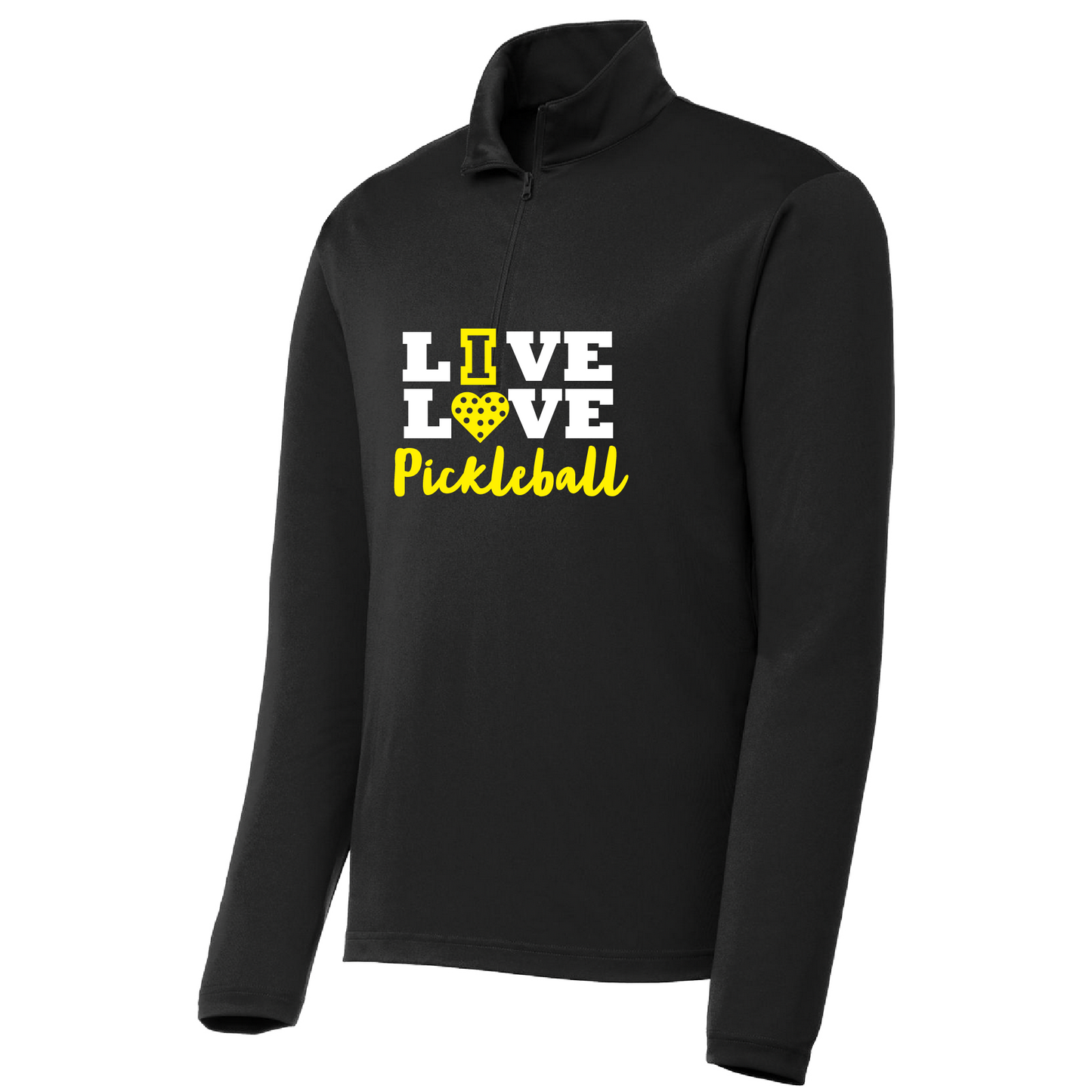 Pickleball Design: Live Love Pickleball  Men's 1/4-Zip Pullover  Turn up the volume in this Men's shirt with its perfect mix of softness and attitude. Material is ultra-comfortable with moisture wicking properties and tri-blend softness. PosiCharge technology locks in color. Highly breathable and lightweight. Versatile enough for wearing year-round.