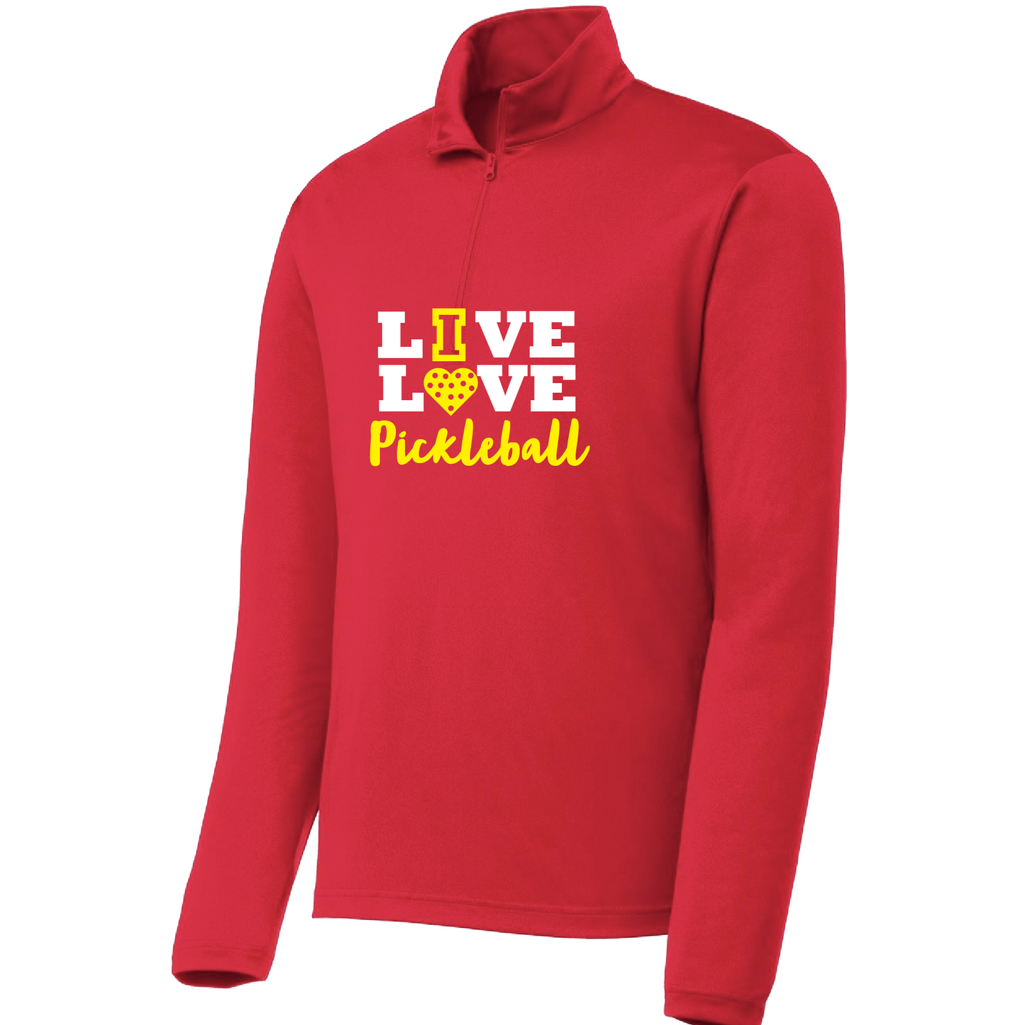 Pickleball Design: Live Love Pickleball  Men's 1/4-Zip Pullover  Turn up the volume in this Men's shirt with its perfect mix of softness and attitude. Material is ultra-comfortable with moisture wicking properties and tri-blend softness. PosiCharge technology locks in color. Highly breathable and lightweight. Versatile enough for wearing year-round.