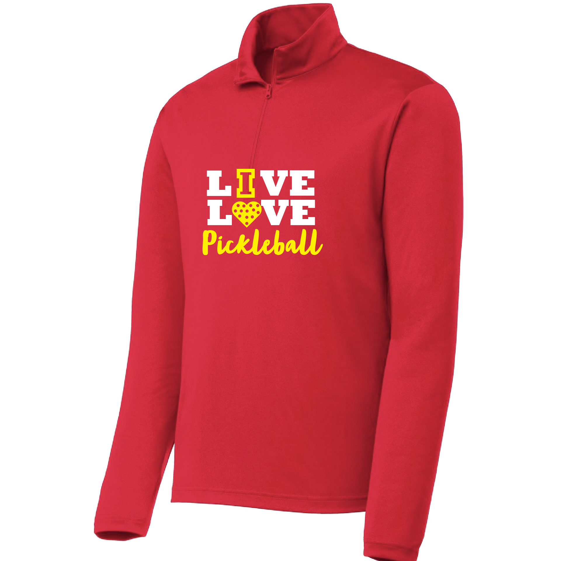 Pickleball Design: Live Love Pickleball  Men's 1/4-Zip Pullover  Turn up the volume in this Men's shirt with its perfect mix of softness and attitude. Material is ultra-comfortable with moisture wicking properties and tri-blend softness. PosiCharge technology locks in color. Highly breathable and lightweight. Versatile enough for wearing year-round.