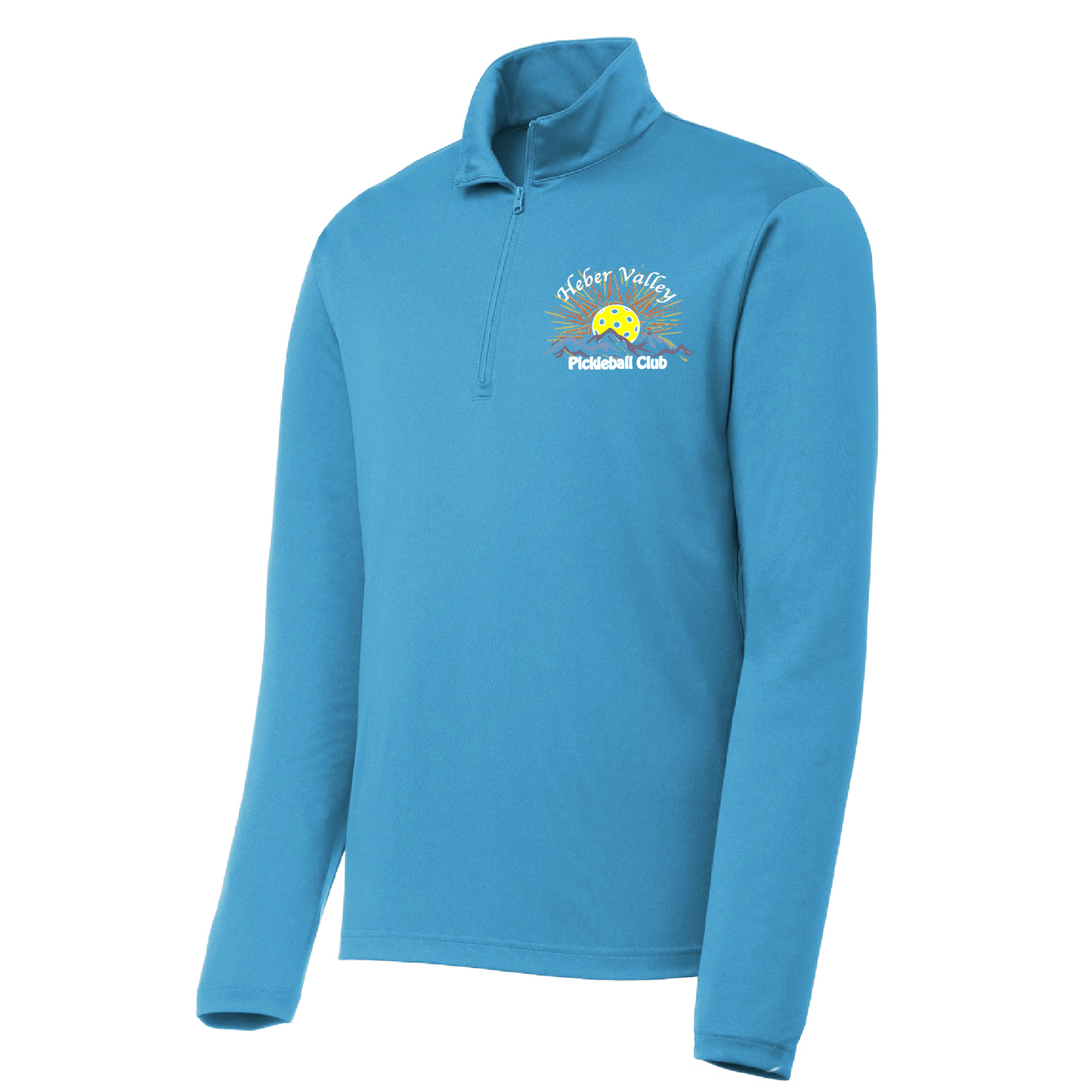 Pickleball Shirt Design: Heber Valley Pickleball Club  Men's 1/4-Zip Pullover: 100% Polyester with PosiCharge technology  Customize Design Location:  Choose Large Design on Back or Small Front Pocket Area.  Turn up the volume in this Men's shirt with its perfect mix of softness and attitude. Material is ultra-comfortable with moisture wicking properties and tri-blend softness. PosiCharge technology locks in color. Highly breathable and lightweight. Versatile enough for wearing year-round.