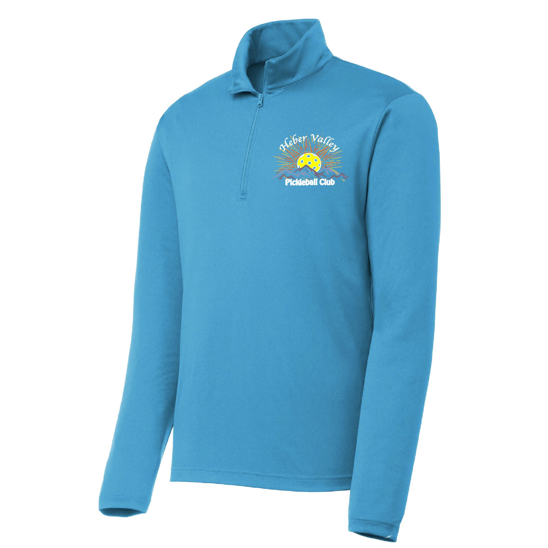 Pickleball Shirt Design: Heber Valley Pickleball Club  Men's 1/4-Zip Pullover: 100% Polyester with PosiCharge technology  Customize Design Location:  Choose Large Design on Back or Small Front Pocket Area.  Turn up the volume in this Men's shirt with its perfect mix of softness and attitude. Material is ultra-comfortable with moisture wicking properties and tri-blend softness. PosiCharge technology locks in color. Highly breathable and lightweight. Versatile enough for wearing year-round.