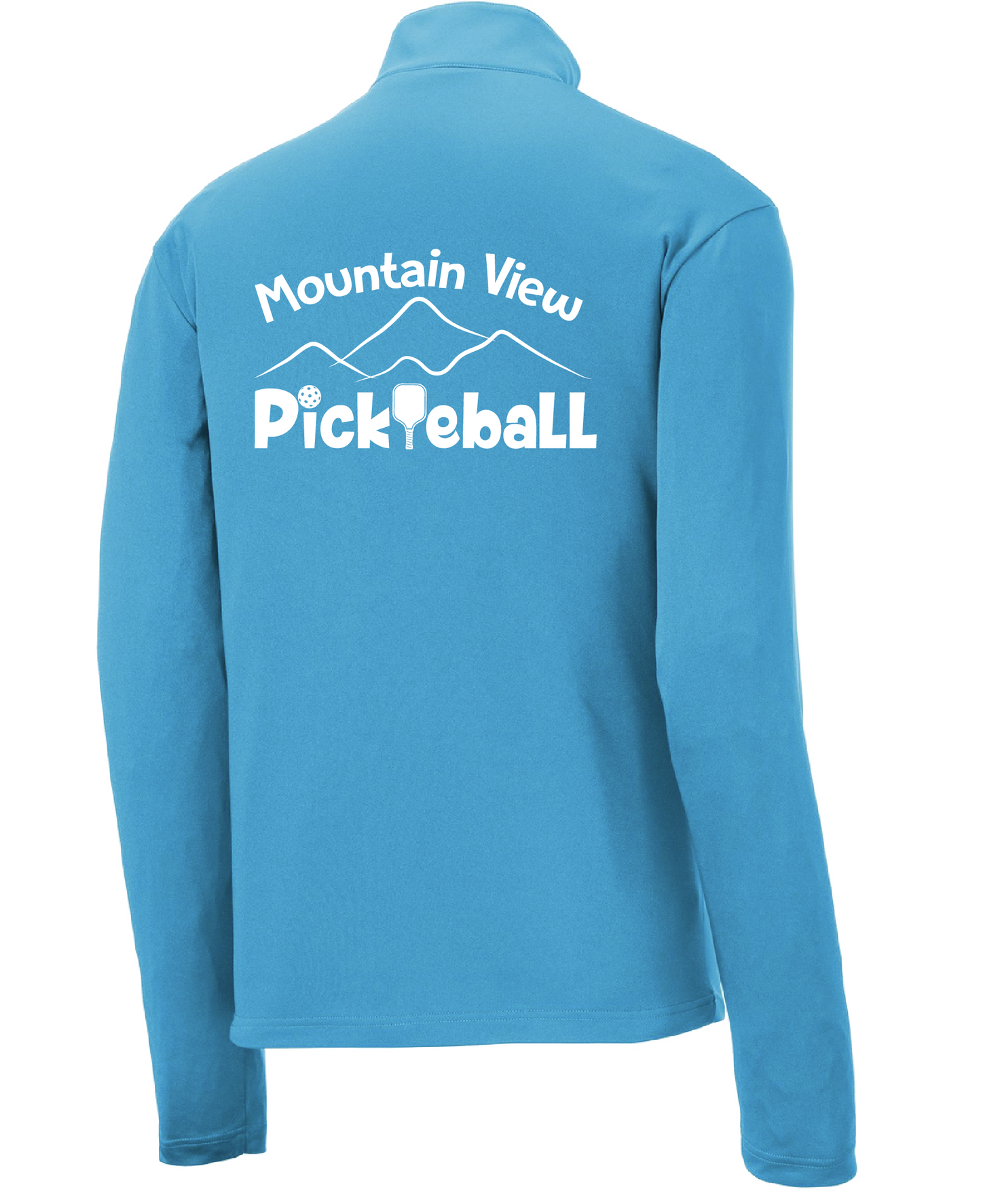 Pickleball Design: Mountain View Pickleball Club  Men's 1/4-Zip Pullover  Turn up the volume in this Men's shirt with its perfect mix of softness and attitude. Material is ultra-comfortable with moisture wicking properties and tri-blend softness. PosiCharge technology locks in color. Highly breathable and lightweight. Versatile enough for wearing year-round.