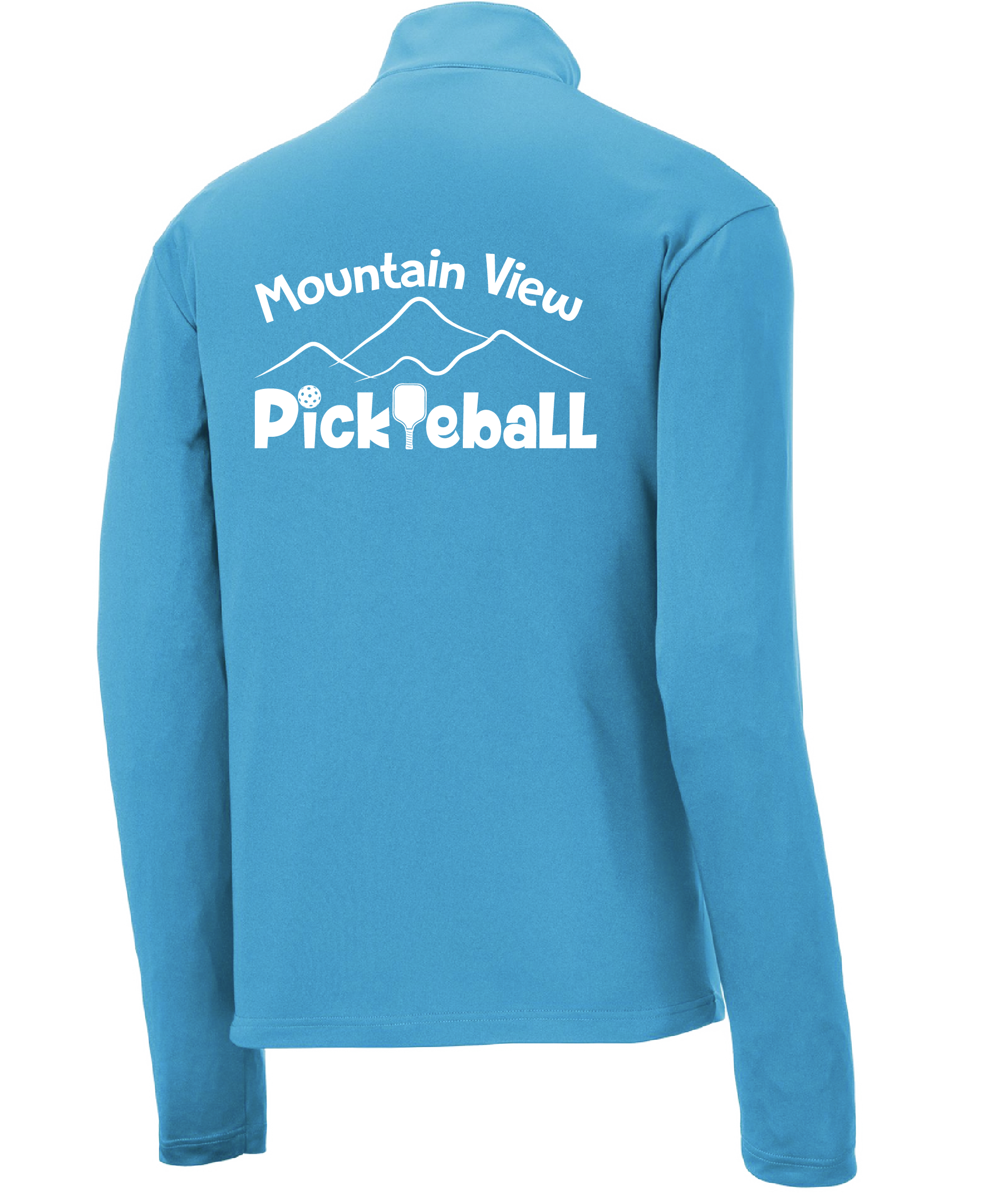 Pickleball Design: Mountain View Pickleball Club  Men's 1/4-Zip Pullover  Turn up the volume in this Men's shirt with its perfect mix of softness and attitude. Material is ultra-comfortable with moisture wicking properties and tri-blend softness. PosiCharge technology locks in color. Highly breathable and lightweight. Versatile enough for wearing year-round.