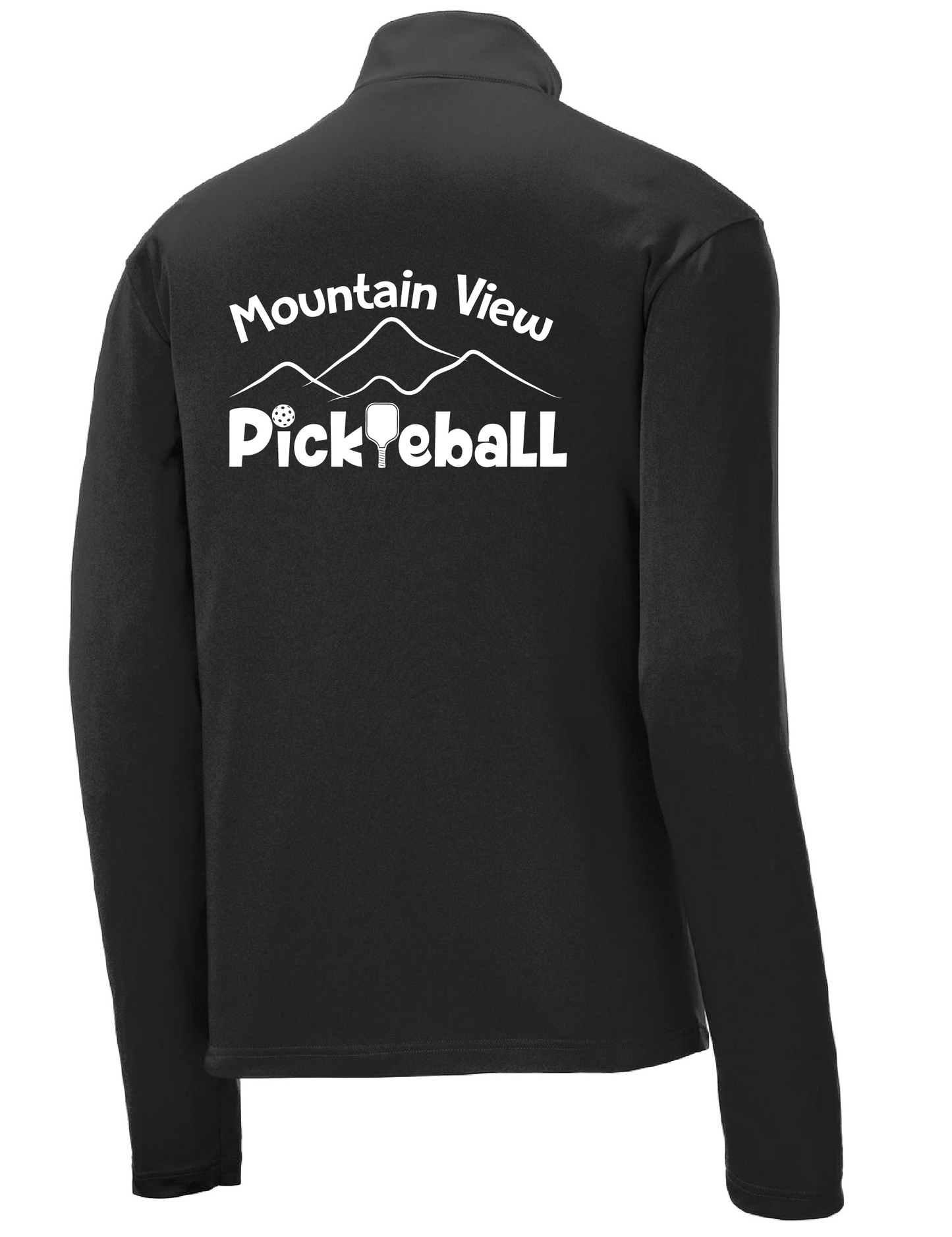 Pickleball Design: Mountain View Pickleball Club  Men's 1/4-Zip Pullover  Turn up the volume in this Men's shirt with its perfect mix of softness and attitude. Material is ultra-comfortable with moisture wicking properties and tri-blend softness. PosiCharge technology locks in color. Highly breathable and lightweight. Versatile enough for wearing year-round.