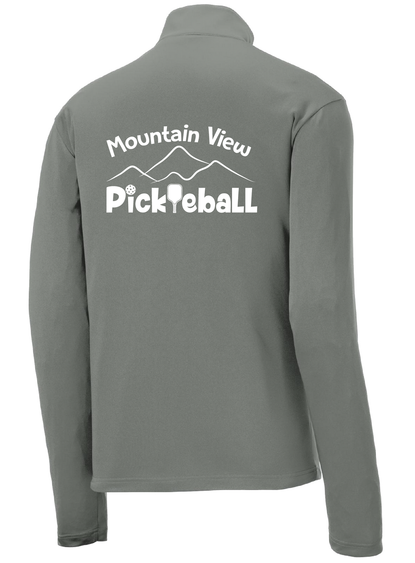 Pickleball Design: Mountain View Pickleball Club  Men's 1/4-Zip Pullover  Turn up the volume in this Men's shirt with its perfect mix of softness and attitude. Material is ultra-comfortable with moisture wicking properties and tri-blend softness. PosiCharge technology locks in color. Highly breathable and lightweight. Versatile enough for wearing year-round.