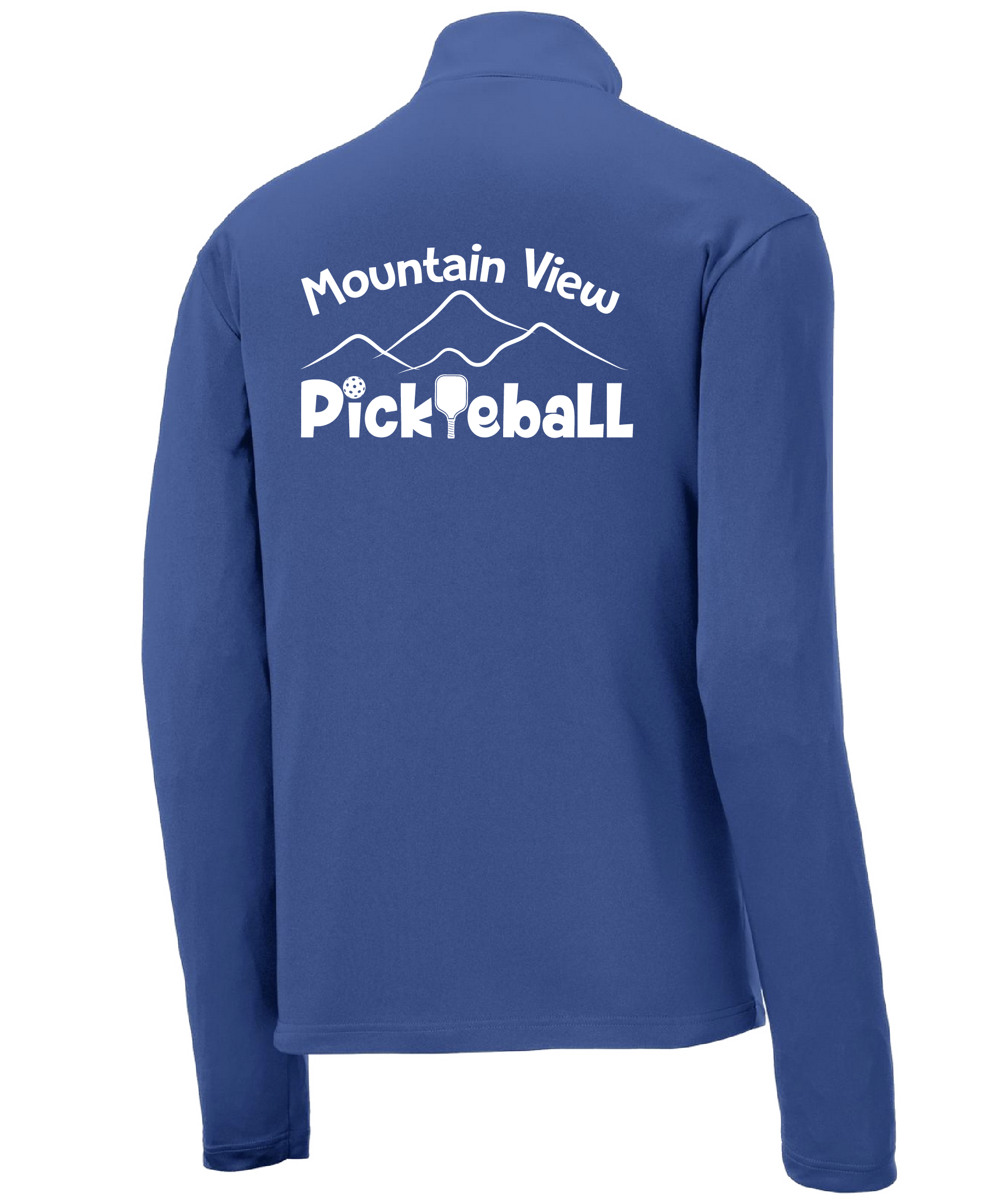 Pickleball Design: Mountain View Pickleball Club  Men's 1/4-Zip Pullover  Turn up the volume in this Men's shirt with its perfect mix of softness and attitude. Material is ultra-comfortable with moisture wicking properties and tri-blend softness. PosiCharge technology locks in color. Highly breathable and lightweight. Versatile enough for wearing year-round.