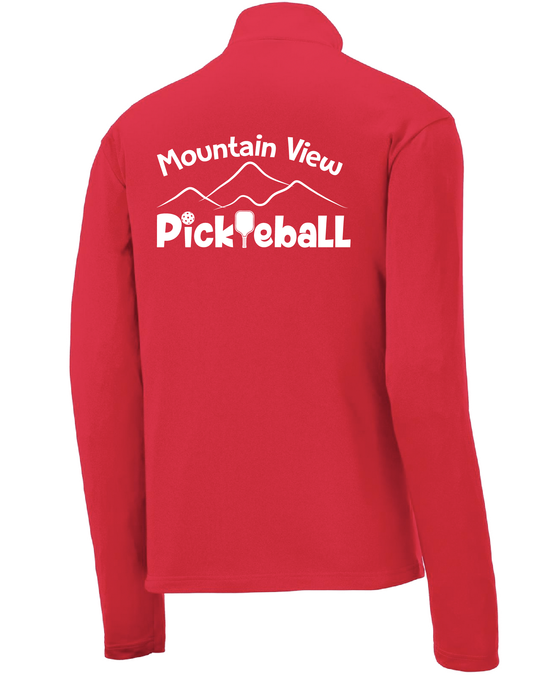 Pickleball Design: Mountain View Pickleball Club  Men's 1/4-Zip Pullover  Turn up the volume in this Men's shirt with its perfect mix of softness and attitude. Material is ultra-comfortable with moisture wicking properties and tri-blend softness. PosiCharge technology locks in color. Highly breathable and lightweight. Versatile enough for wearing year-round.