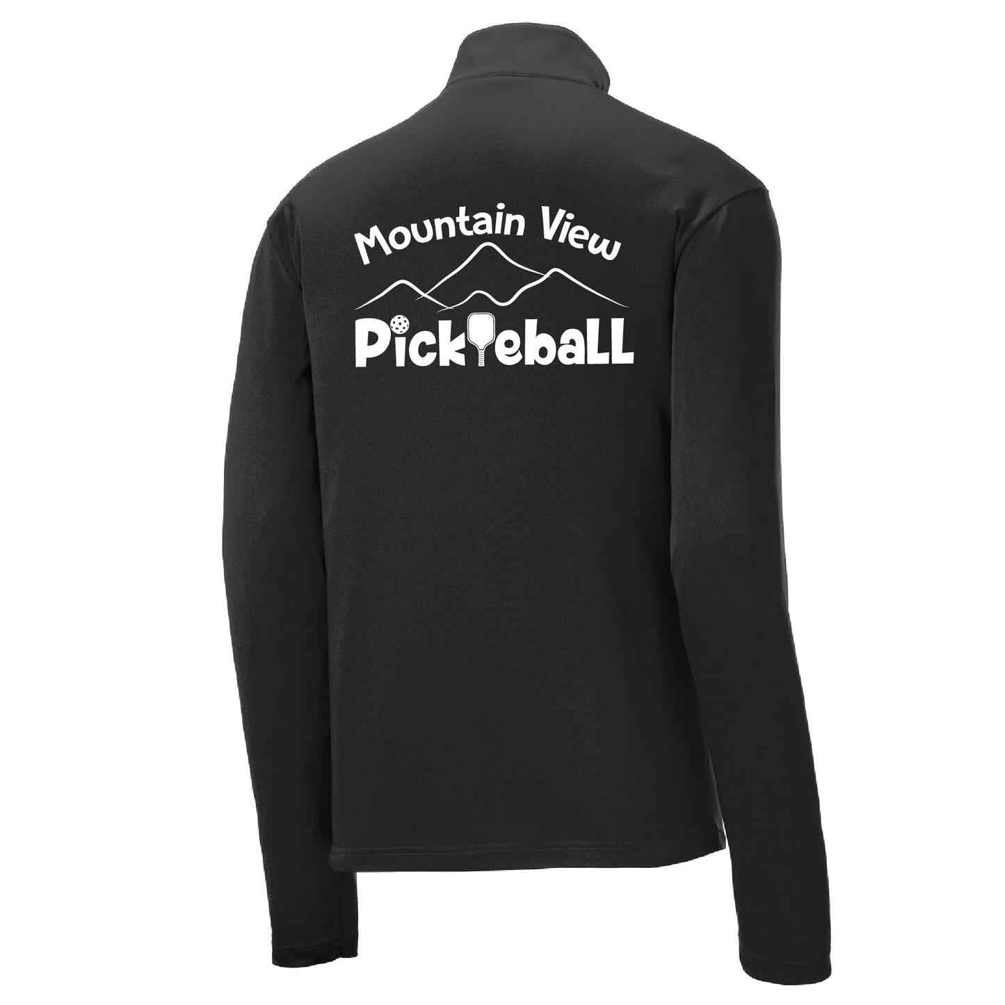 Pickleball Design: Mountain View Pickleball Club  Men's 1/4-Zip Pullover  Turn up the volume in this Men's shirt with its perfect mix of softness and attitude. Material is ultra-comfortable with moisture wicking properties and tri-blend softness. PosiCharge technology locks in color. Highly breathable and lightweight. Versatile enough for wearing year-round.