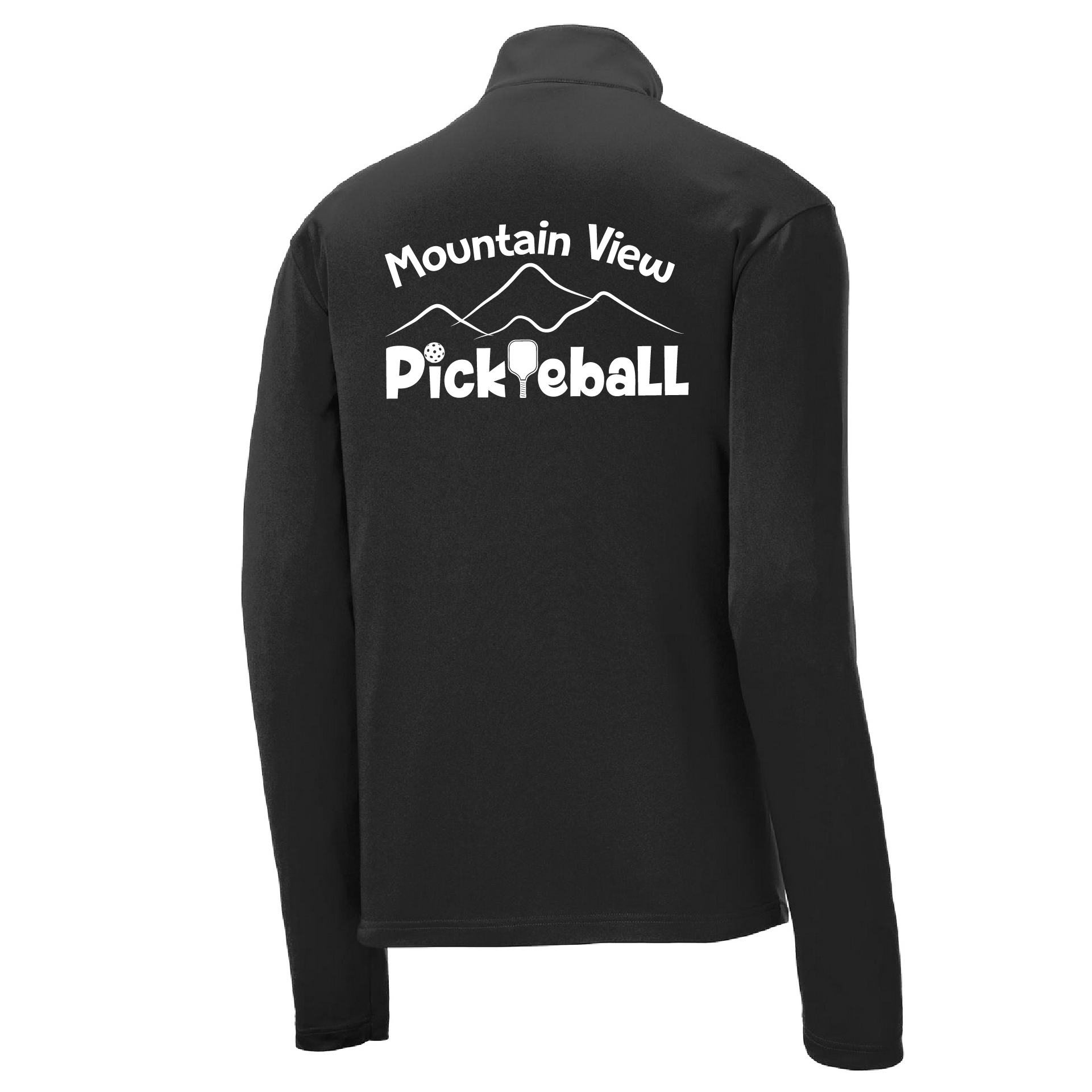 Pickleball Design: Mountain View Pickleball Club  Men's 1/4-Zip Pullover  Turn up the volume in this Men's shirt with its perfect mix of softness and attitude. Material is ultra-comfortable with moisture wicking properties and tri-blend softness. PosiCharge technology locks in color. Highly breathable and lightweight. Versatile enough for wearing year-round.