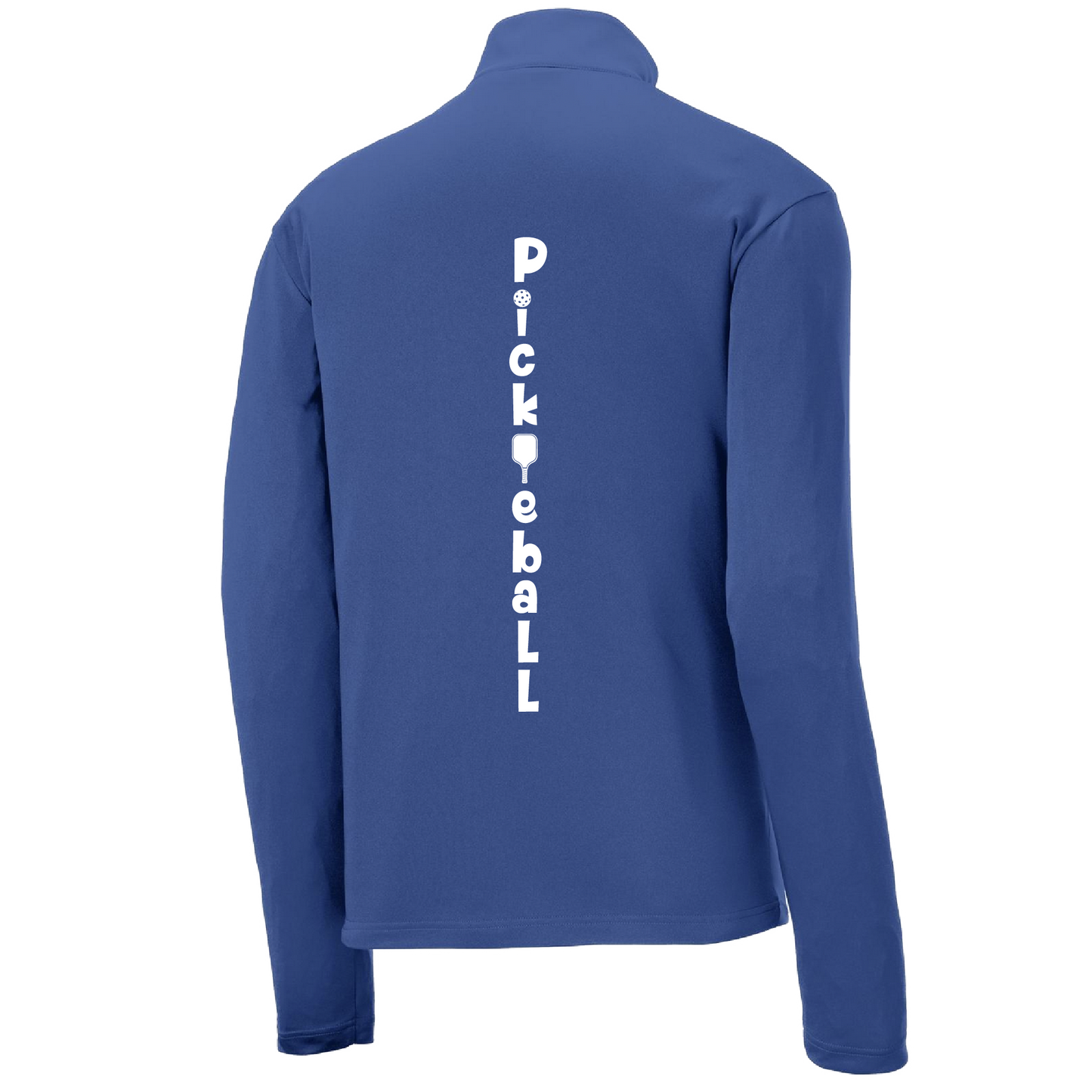 Pickleball Design: Pickleball (Vertical) Customizable Location  Men's 1/4-Zip Pullover  Turn up the volume in this Men's shirt with its perfect mix of softness and attitude. Material is ultra-comfortable with moisture wicking properties and tri-blend softness. PosiCharge technology locks in color. Highly breathable and lightweight. Versatile enough for wearing year-round.