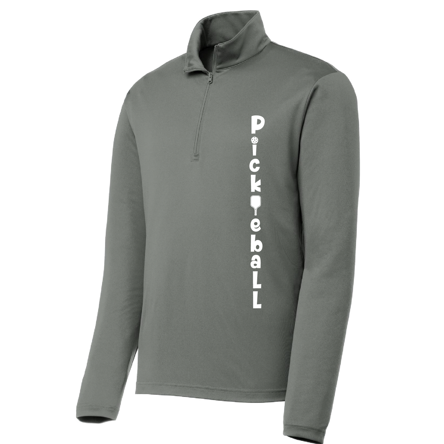 Pickleball Design: Pickleball (Vertical) Customizable Location  Men's 1/4-Zip Pullover  Turn up the volume in this Men's shirt with its perfect mix of softness and attitude. Material is ultra-comfortable with moisture wicking properties and tri-blend softness. PosiCharge technology locks in color. Highly breathable and lightweight. Versatile enough for wearing year-round.