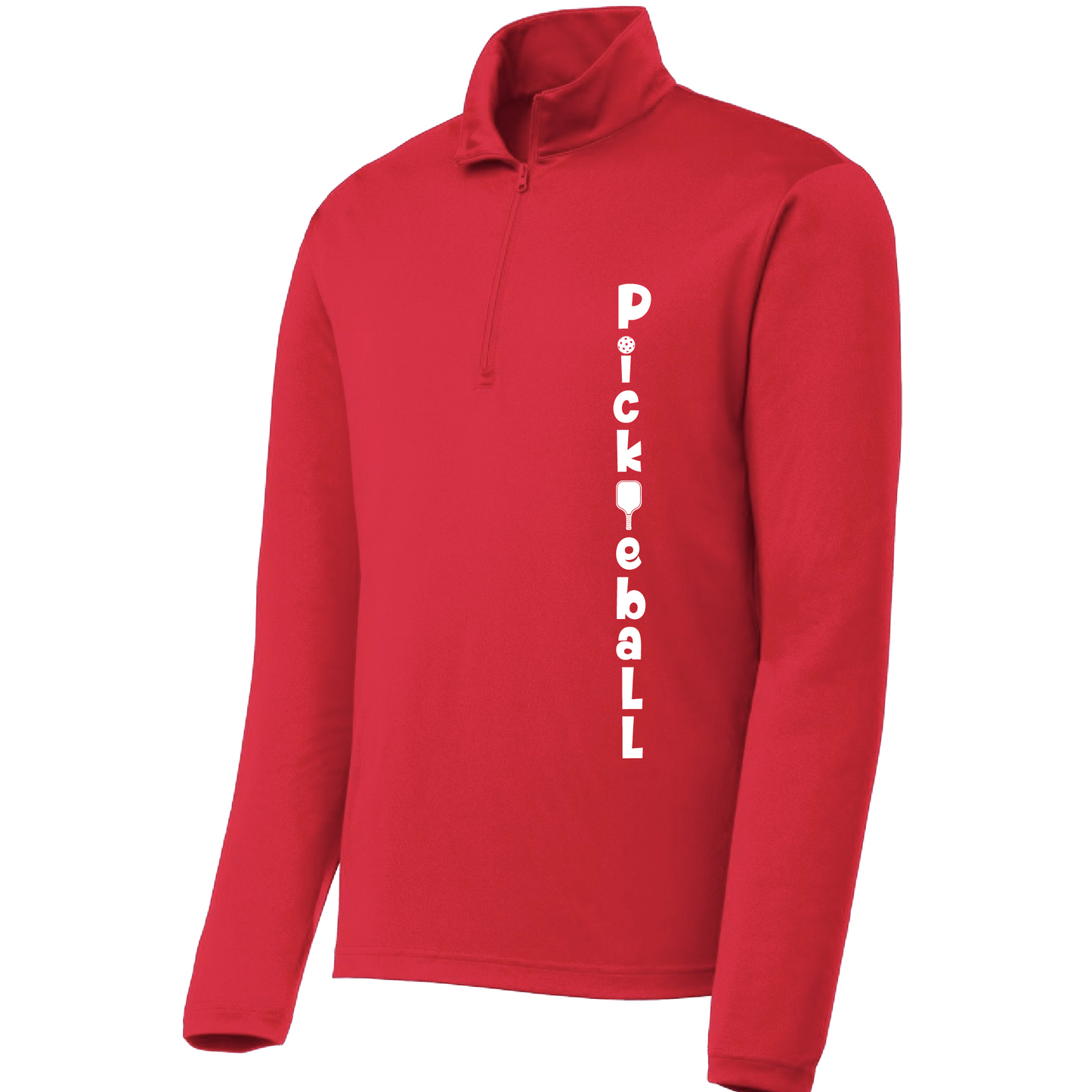 Pickleball Design: Pickleball (Vertical) Customizable Location  Men's 1/4-Zip Pullover  Turn up the volume in this Men's shirt with its perfect mix of softness and attitude. Material is ultra-comfortable with moisture wicking properties and tri-blend softness. PosiCharge technology locks in color. Highly breathable and lightweight. Versatile enough for wearing year-round.