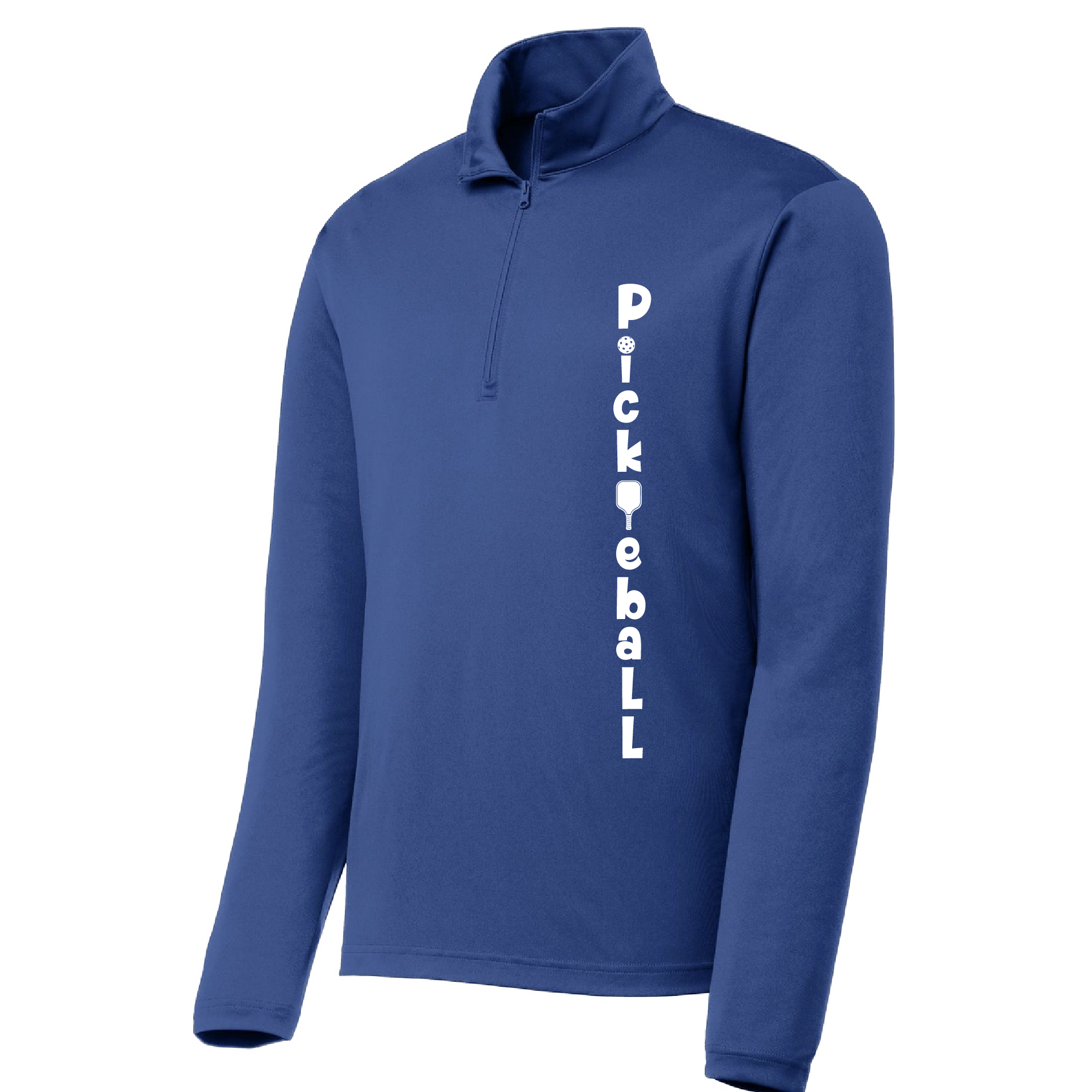 Pickleball Design: Pickleball (Vertical) Customizable Location  Men's 1/4-Zip Pullover  Turn up the volume in this Men's shirt with its perfect mix of softness and attitude. Material is ultra-comfortable with moisture wicking properties and tri-blend softness. PosiCharge technology locks in color. Highly breathable and lightweight. Versatile enough for wearing year-round.