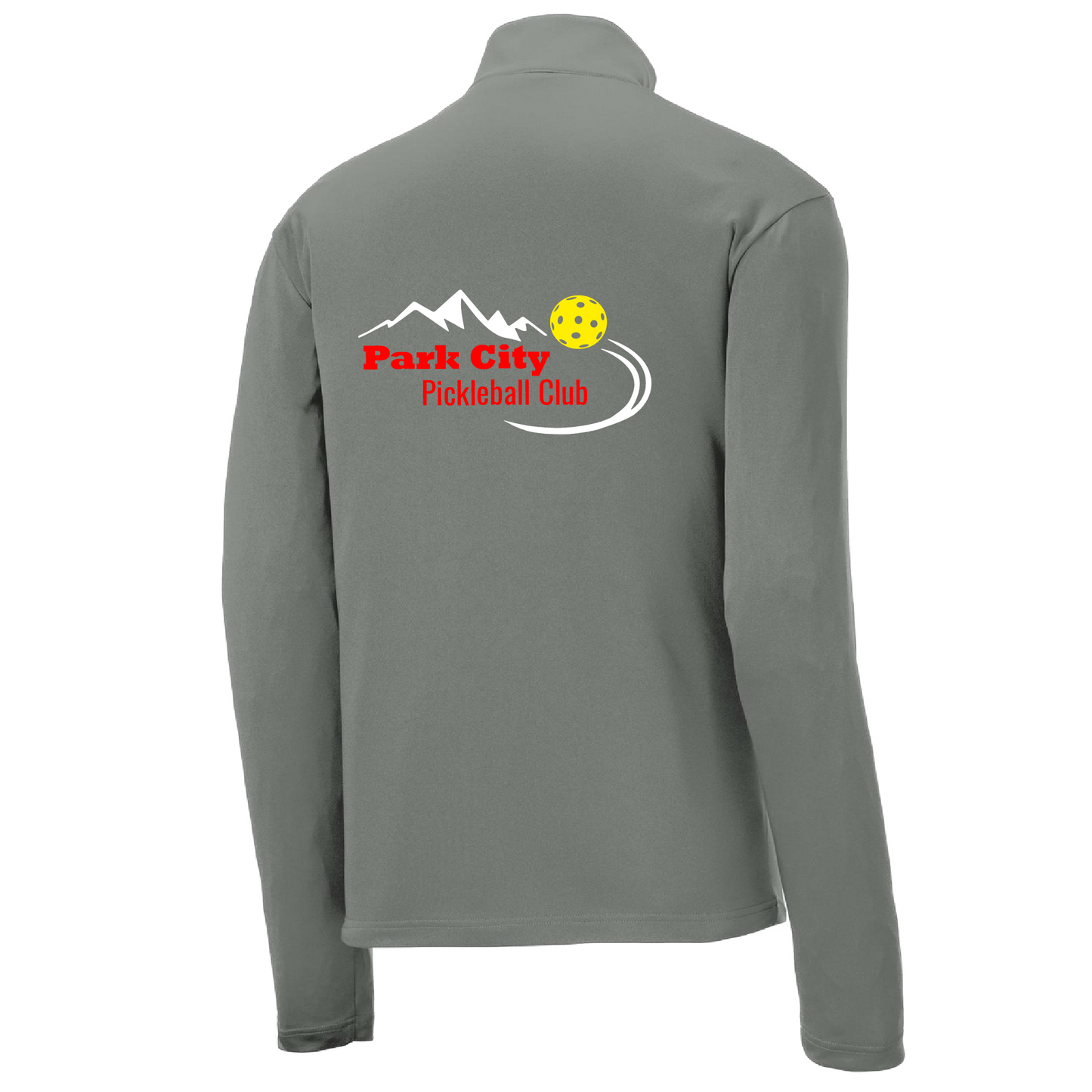 Pickleball Design: Park City Pickleball Club (red words)  Men's 1/4-Zip Pullover  Turn up the volume in this Men's shirt with its perfect mix of softness and attitude. Material is ultra-comfortable with moisture wicking properties and tri-blend softness. PosiCharge technology locks in color. Highly breathable and lightweight. Versatile enough for wearing year-round. 