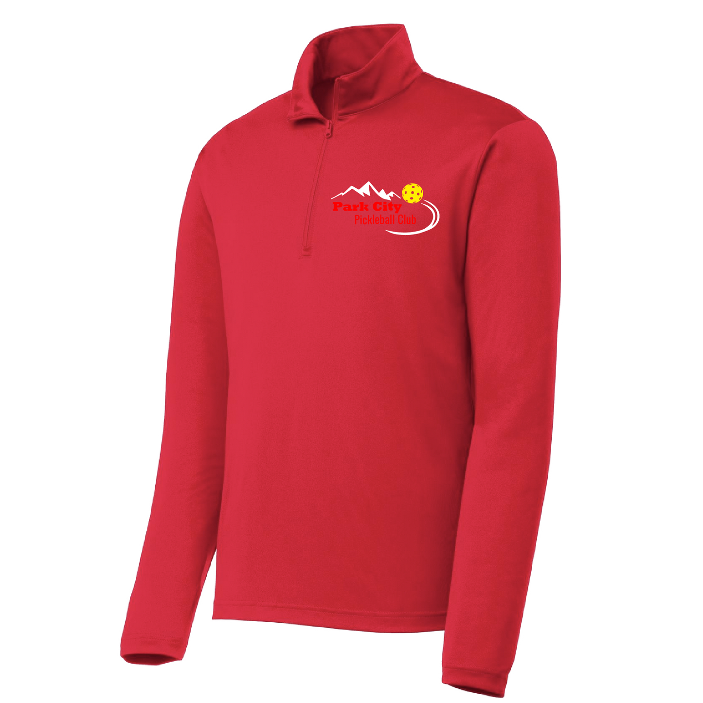 Pickleball Design: Park City Pickleball Club (red words)  Men's 1/4-Zip Pullover  Turn up the volume in this Men's shirt with its perfect mix of softness and attitude. Material is ultra-comfortable with moisture wicking properties and tri-blend softness. PosiCharge technology locks in color. Highly breathable and lightweight. Versatile enough for wearing year-round. 