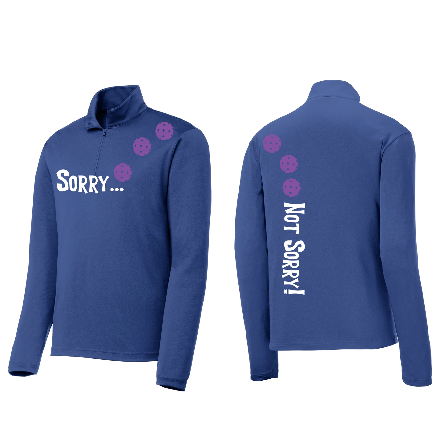Pickleball Design: Sorry-Not Sorry Pickleball-Men’s 1/4 Zip Pullover-8 Ball Colors ..Customizable Ball Color - Choose: Cyan, Orange, Purple or Rainbow Turn up the volume in this Men's shirt with its perfect mix of softness and attitude. Material is ultra-comfortable with moisture wicking properties and tri-blend softness. PosiCharge technology locks in color. Highly breathable and lightweight. Versatile enough for wearing year-round.