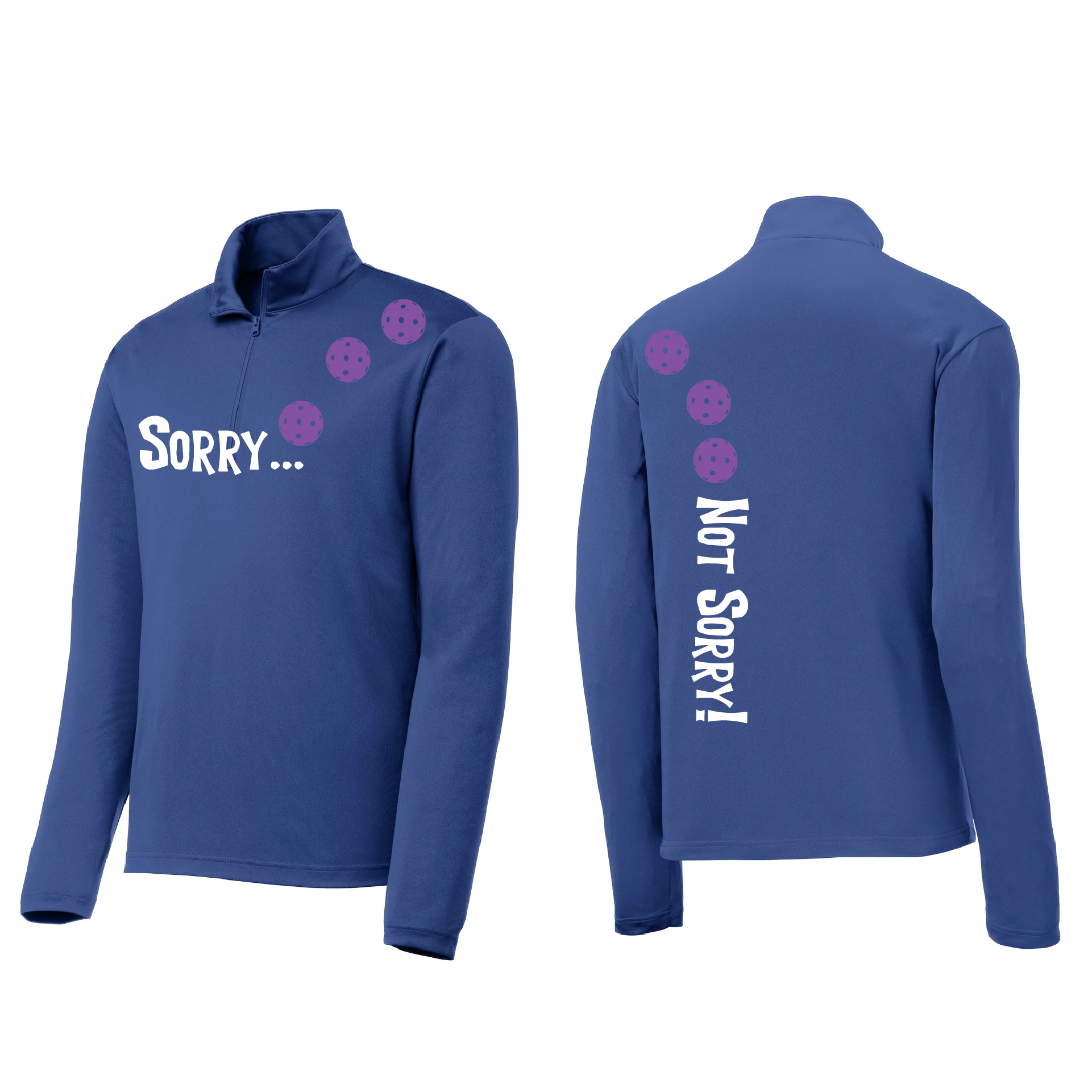 Pickleball Design: Sorry-Not Sorry Pickleball-Men’s 1/4 Zip Pullover-8 Ball Colors ..Customizable Ball Color - Choose: Cyan, Orange, Purple or Rainbow Turn up the volume in this Men's shirt with its perfect mix of softness and attitude. Material is ultra-comfortable with moisture wicking properties and tri-blend softness. PosiCharge technology locks in color. Highly breathable and lightweight. Versatile enough for wearing year-round.