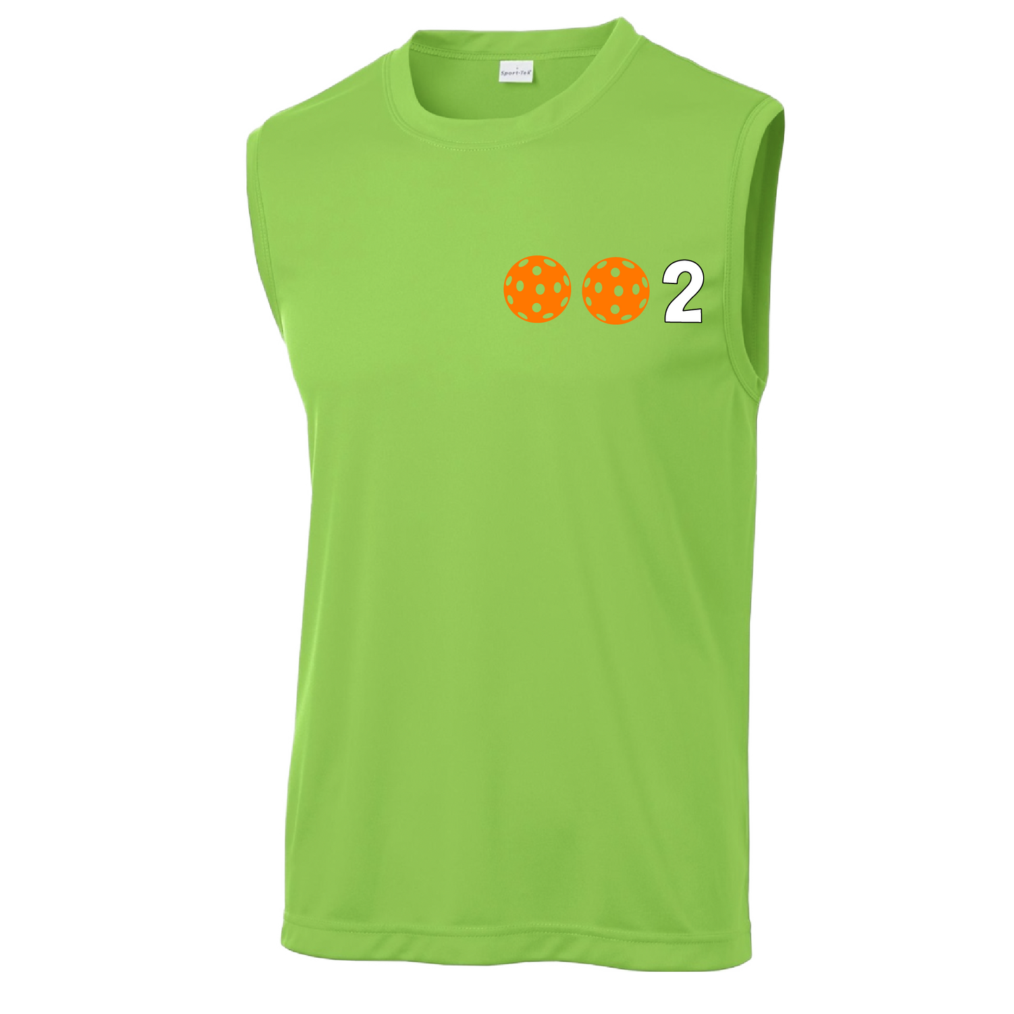 Design: 002 Pickleballs customizable color (Yellow, White, Cyan, Green, Orange)  Men's Styles: Sleeveless   Shirts are lightweight, roomy and highly breathable. These moisture-wicking shirts are designed for athletic performance. They feature PosiCharge technology to lock in color and prevent logos from fading. Removable tag and set-in sleeves for comfort.